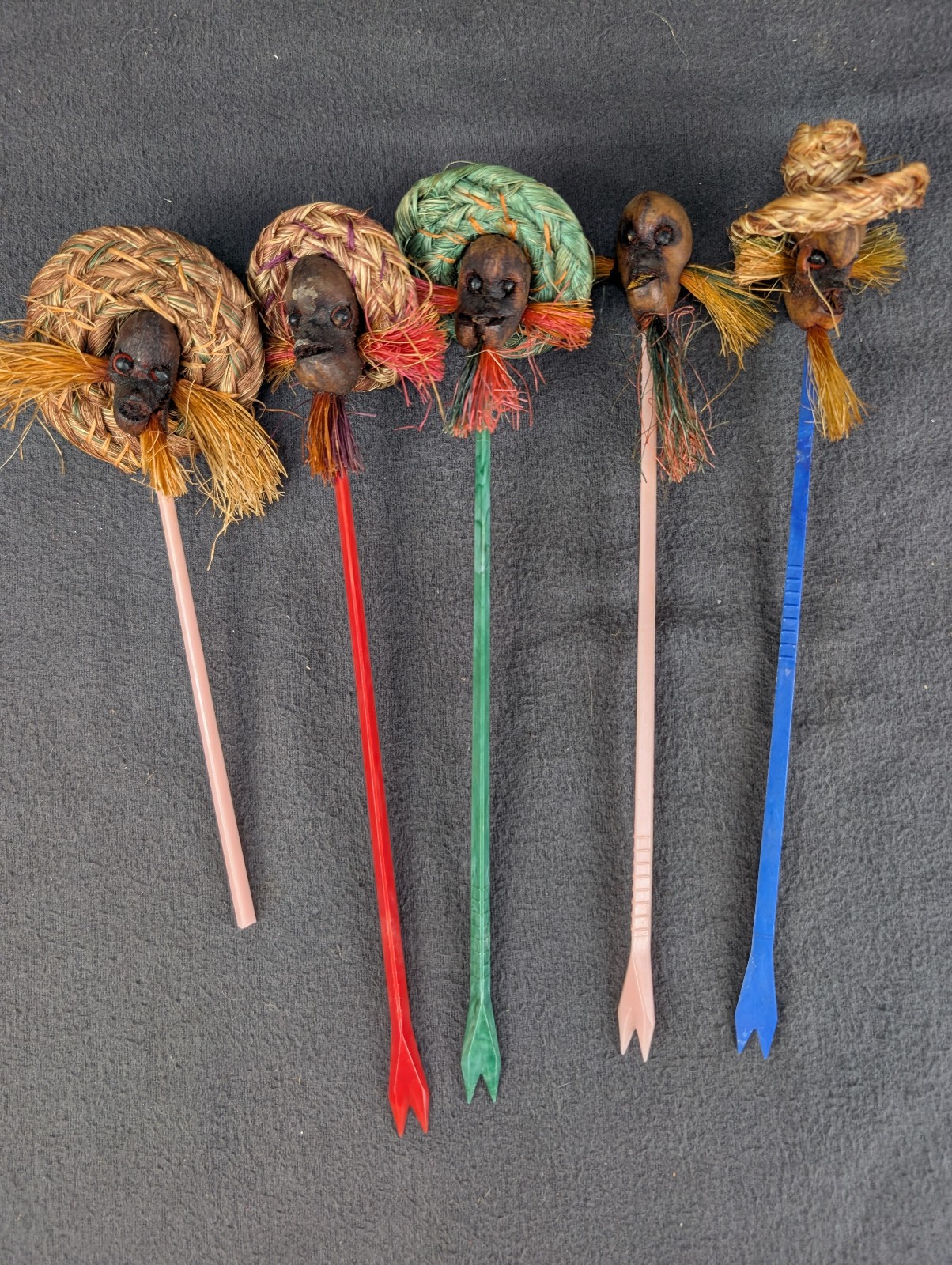 Kitschy 1960s Shrunken Head Tiki Bar Drink Picks Plastic Appetizer Forks Raffia