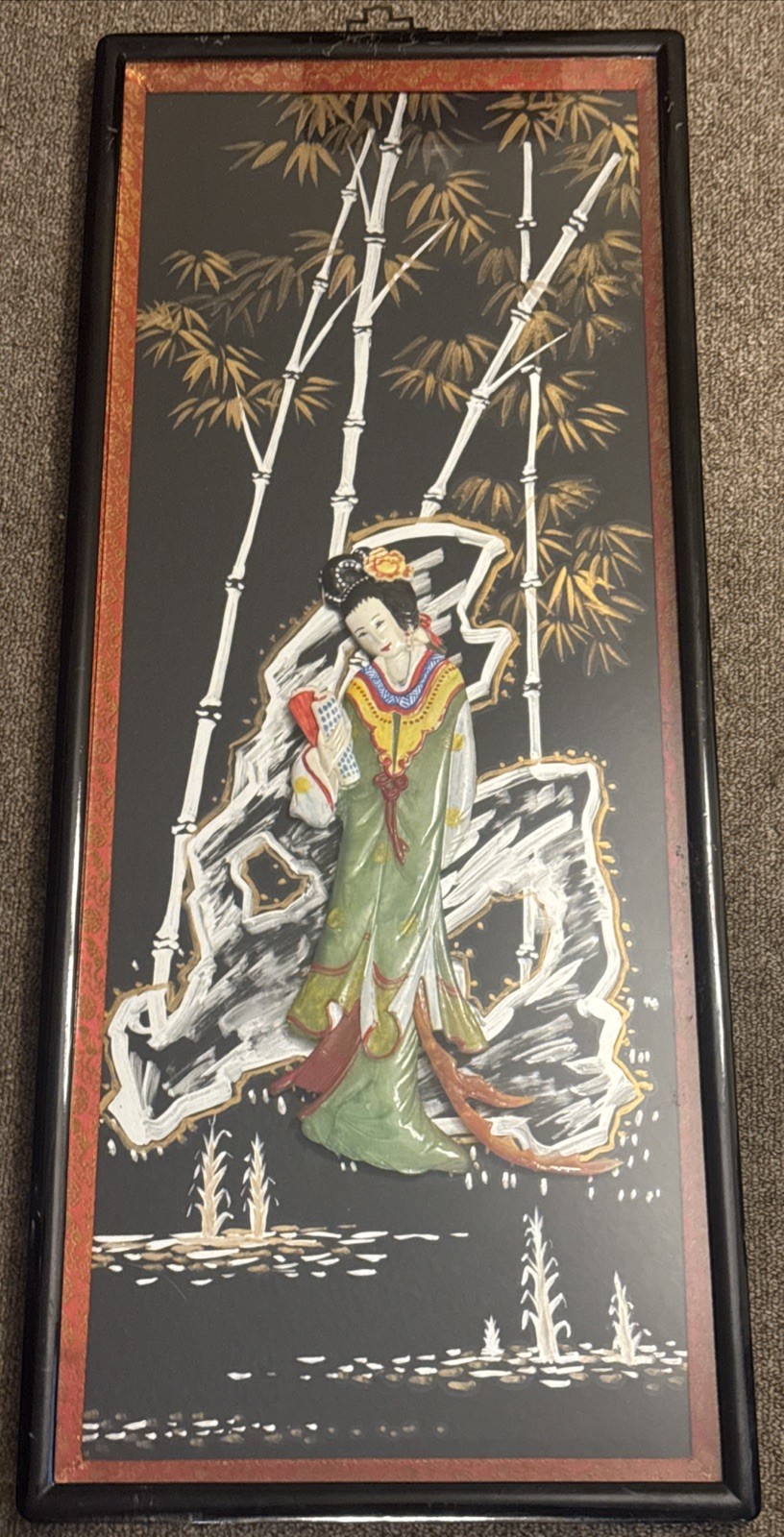 Vintage Asian Black Lacquer Wall Panel featuring Mother of Pearl Inlay Artwork.