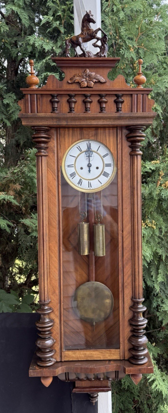 Antique C 1908 Gustav Becker 2 Weight Vienna Wall Clock - SEE VIDEO - HORSE TOP