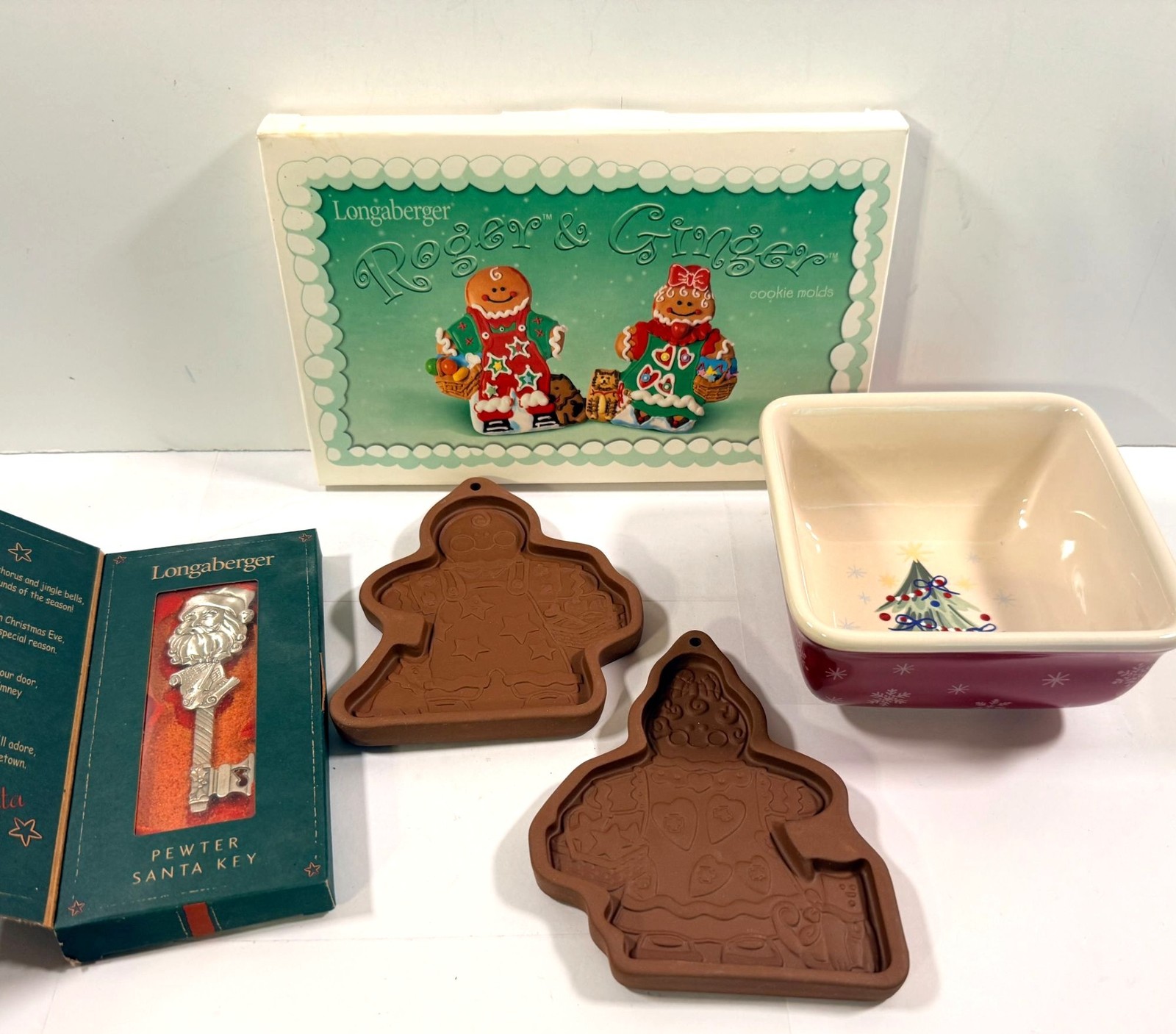 Longaberger Christmas Candy Dish Gingerbread Cookie Molds Santa Key Lot 