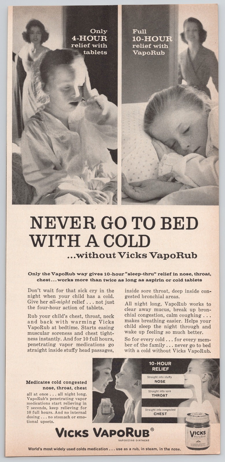 Vicks VapoRub Cold Congestion Relief Sleep-Thru All Night 1959 Vintage Print Ad