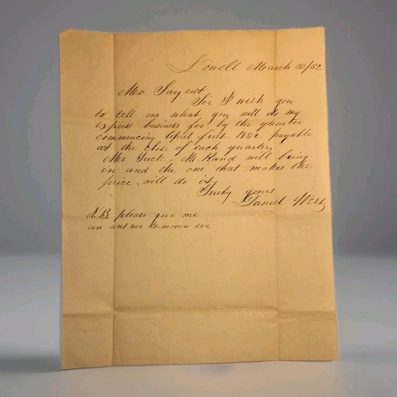 1852 Boston & Lowell Railroad MA Express Letter Sargent, Tuck, Rand, Daniel West