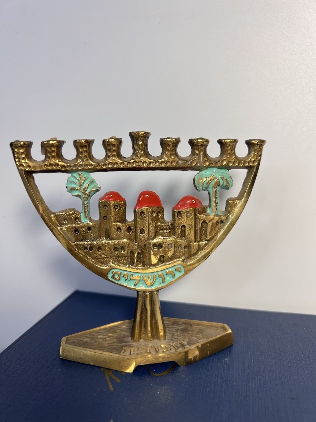 VTG Brass Hanukkah Menorah Hand Painted Enamel City Of Jerusalem Small