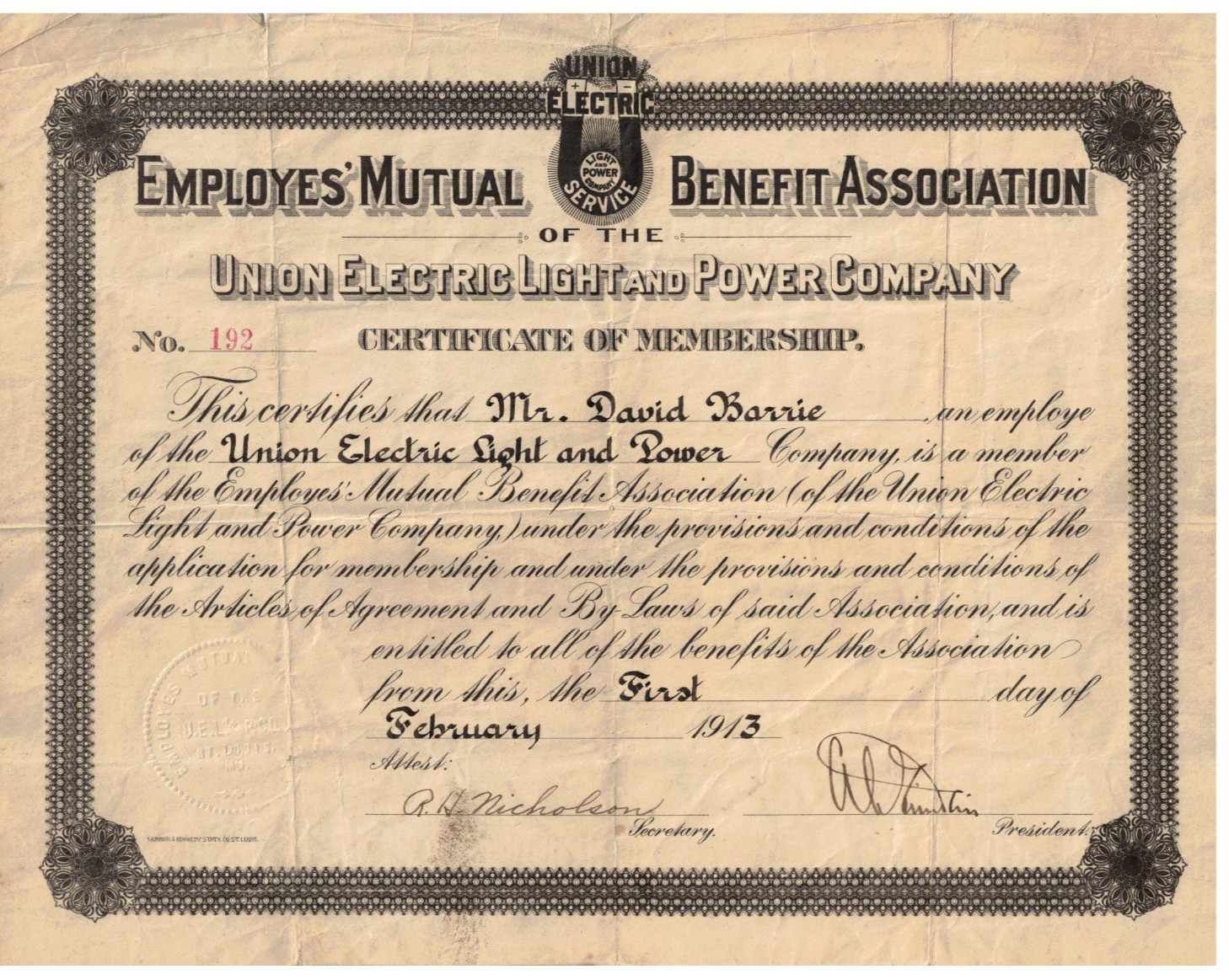 VTG 1913 UNION ELECTRIC LIGHT & POWER CO CERTIFICATE OF MEMBERSHIP BENEFIT ASSN