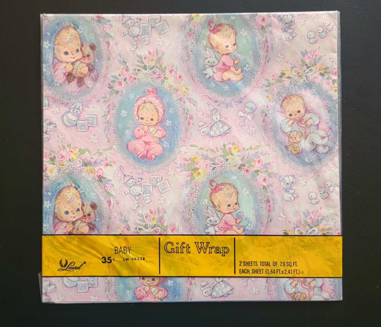 NOS Adorable Vtg Flat Wrapping Paper LAUREL BABY 2 Sheets Babies w Teddy Bears