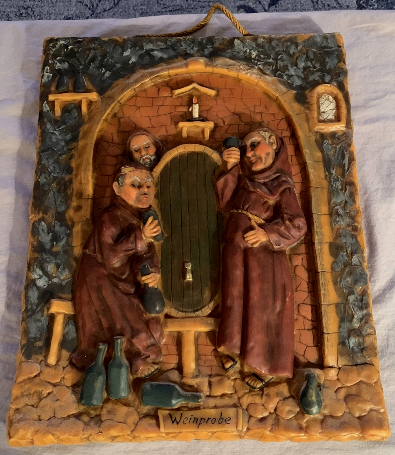 Unique Vintage   German  Wax  Art  Wall Plaque  Monks  Wine Tasting