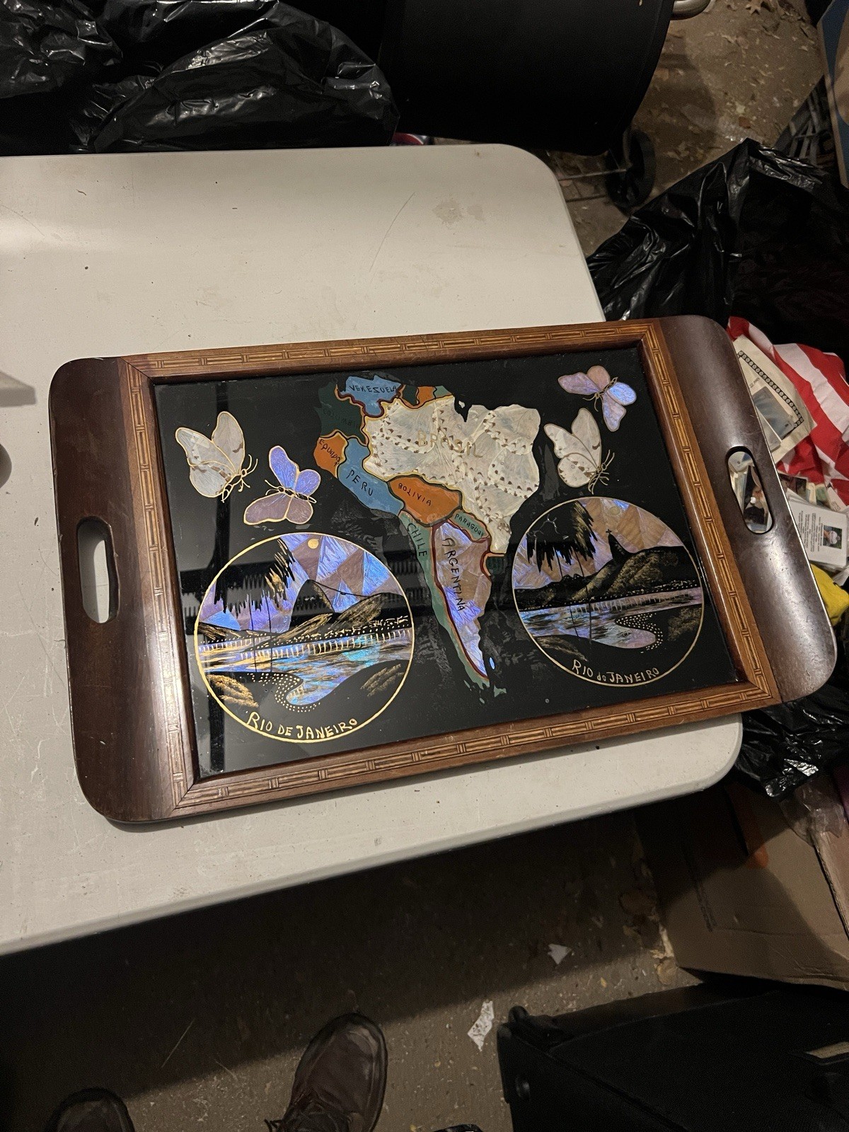 vintage Brazilian butterfly wing serving tray, likely from the mid-20th century