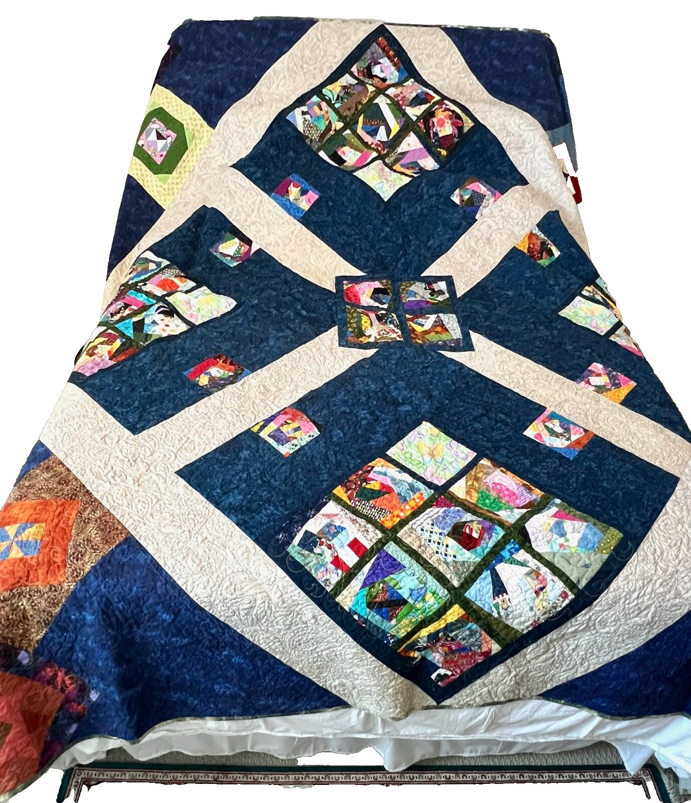 Beautiful Vintage hand & machine made scrappy quilt 95 X 95 Excellent Condition