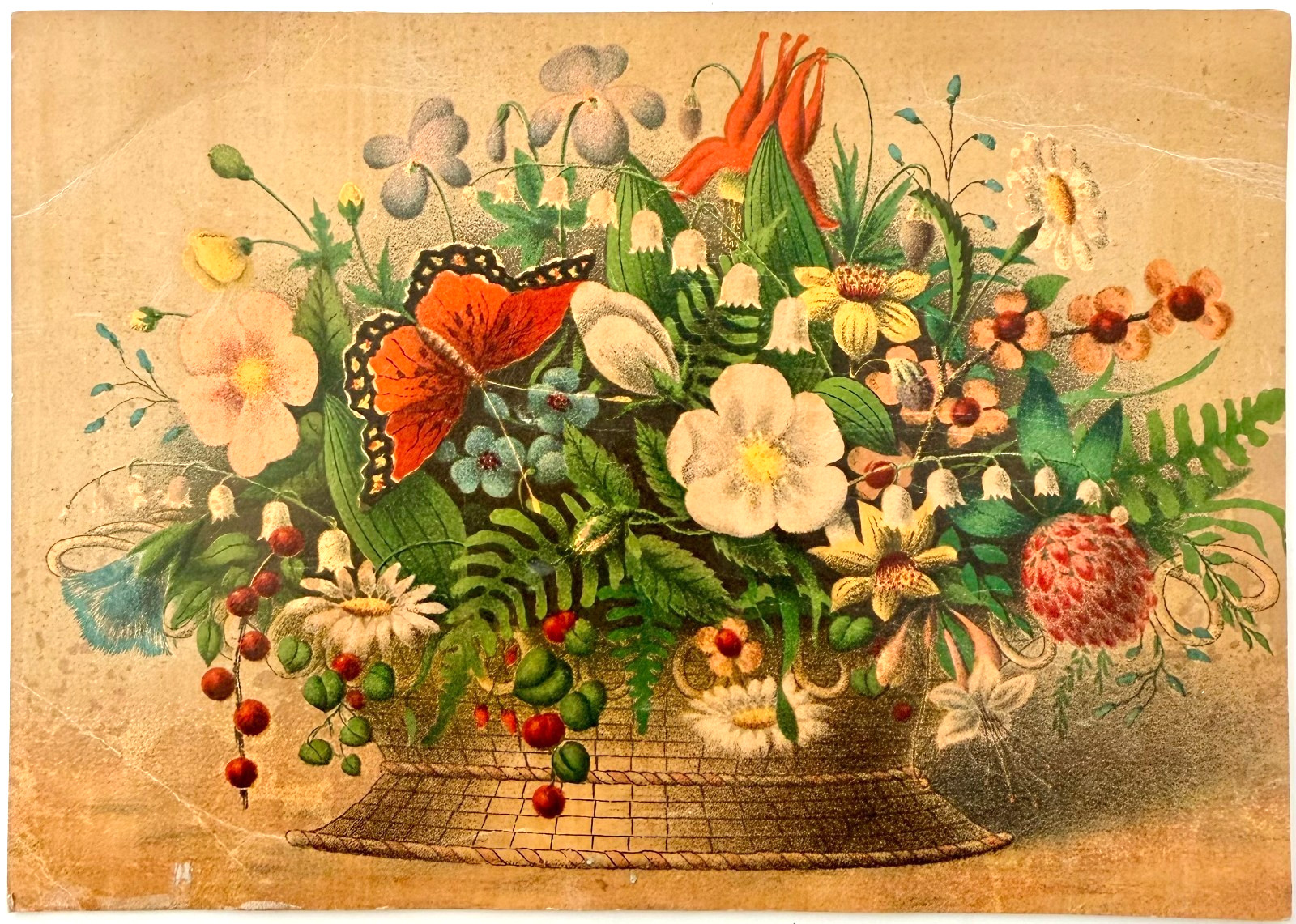1880s Victorian Floral Chromolithograph Wildflower Bouquet Antique Litho Print