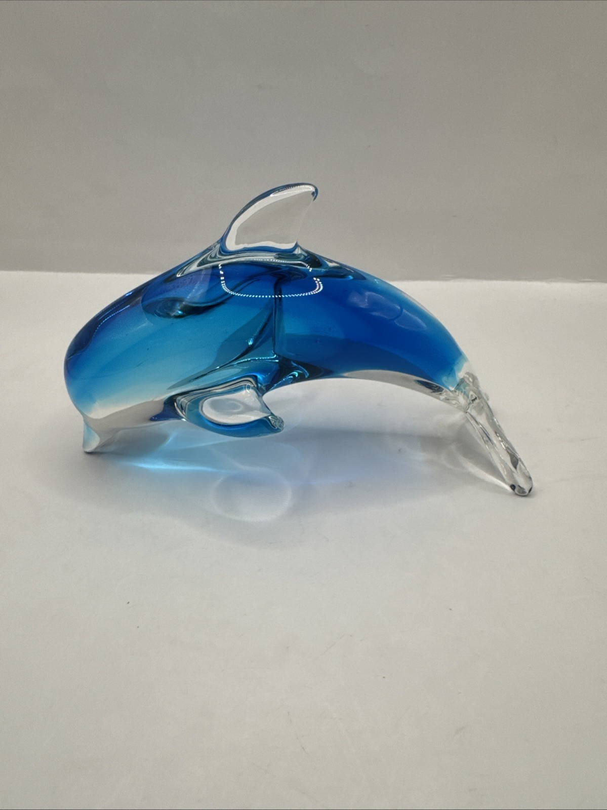 Marvelous Murano Style Blue & Clear Solid Art Glass Dolphin,  6\