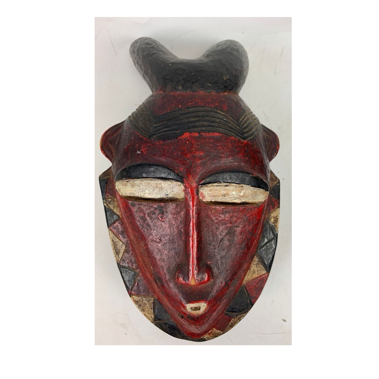African Baule Style Carved Wood Mask Red Black Horned Tribal Wall Mask 10”