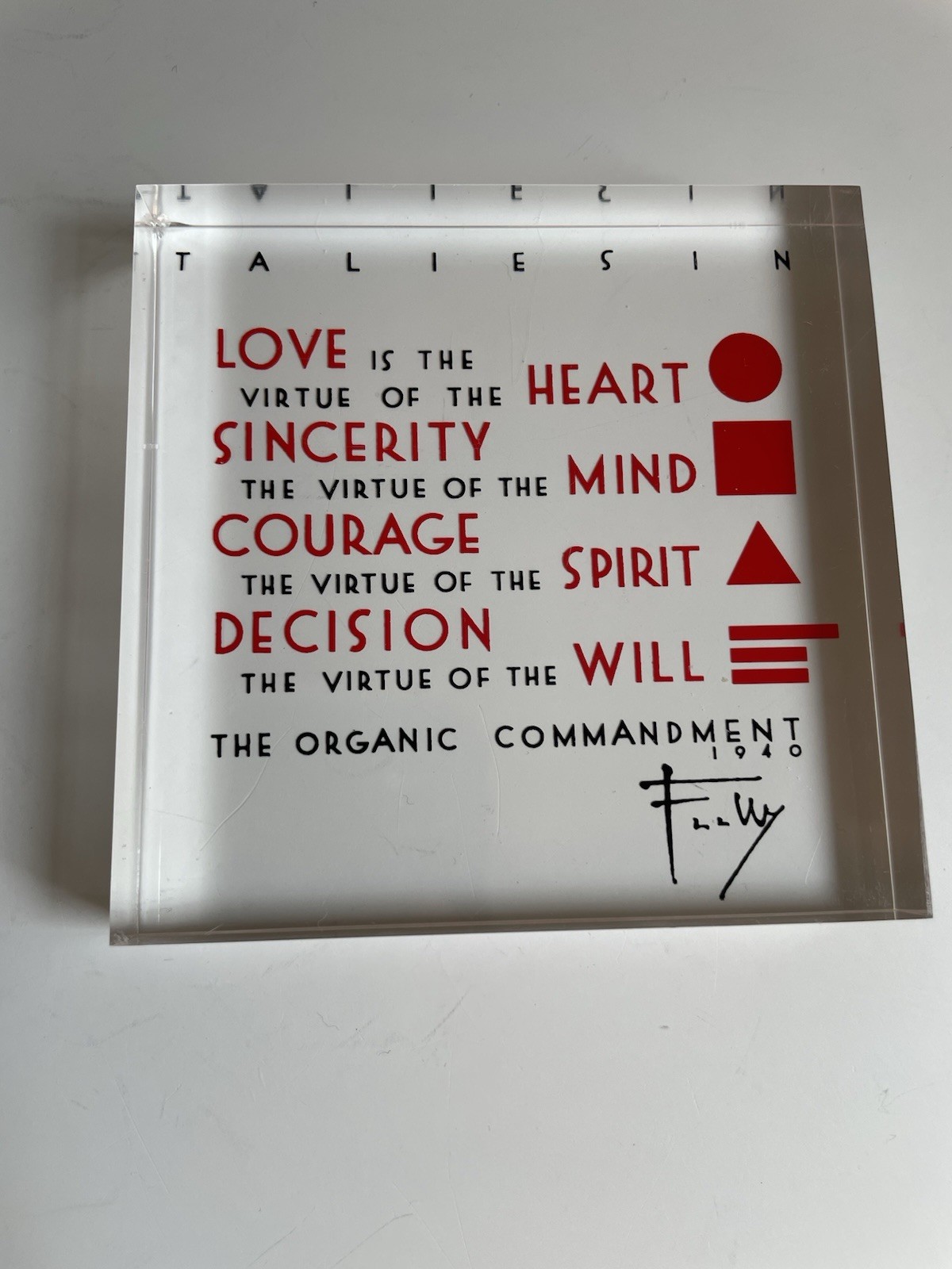 Frank Lloyd Wright TALIESIN Organic Commandments Acrylic Paperweight Sculpture
