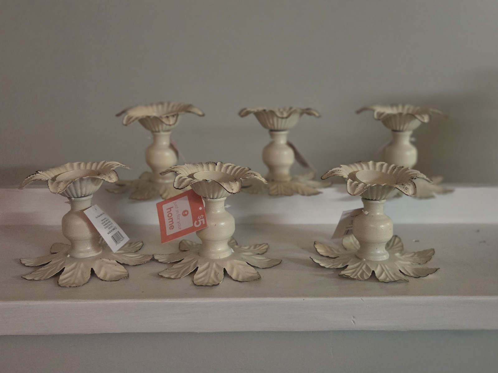 Lot of 6 Shabby Chic Metal Candlesticks White Distressed Floral Candle Holders 
