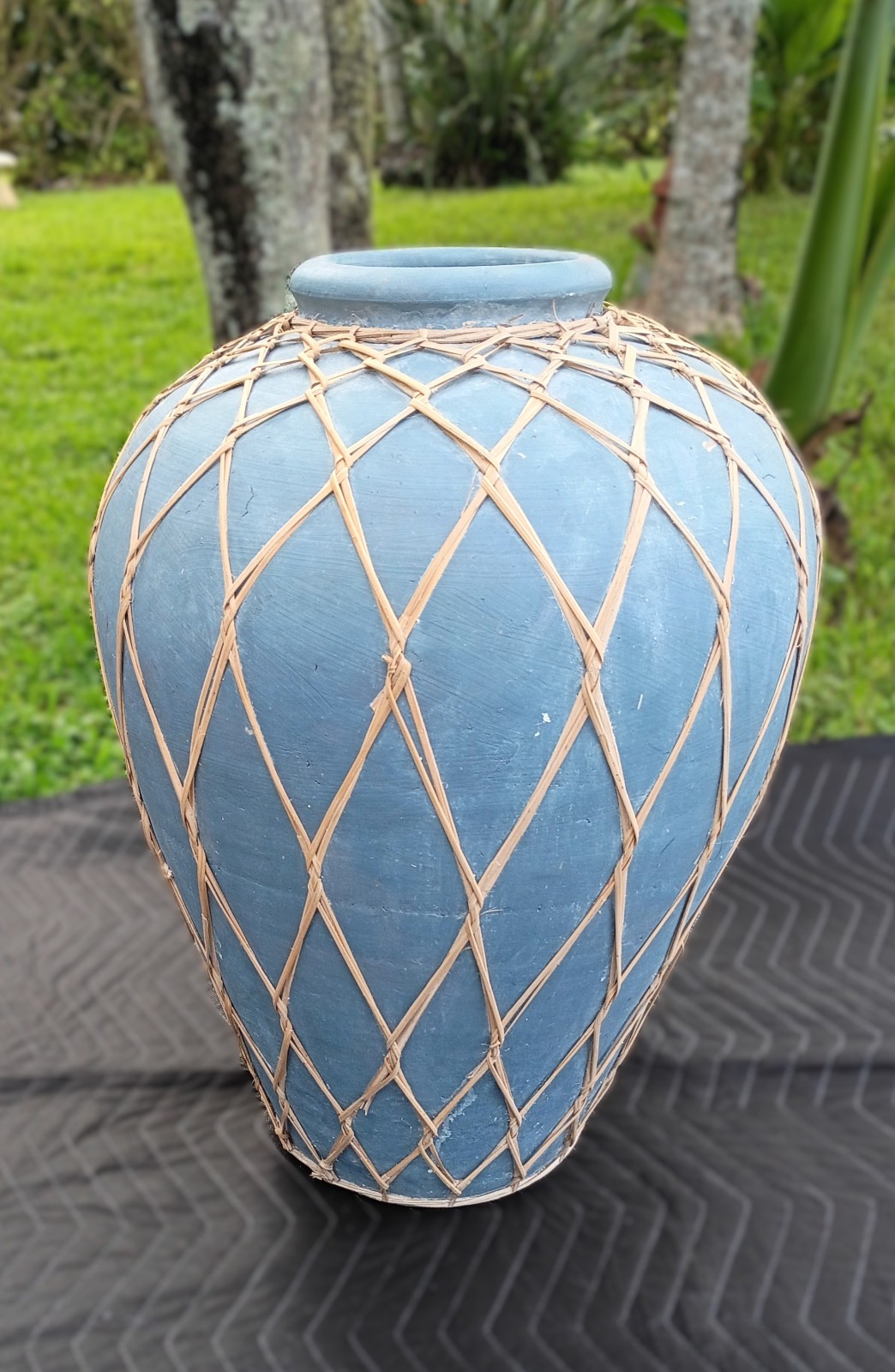 Vintage Large Blue Terracotta Wrapped In Rattan Vase Urn Vessel