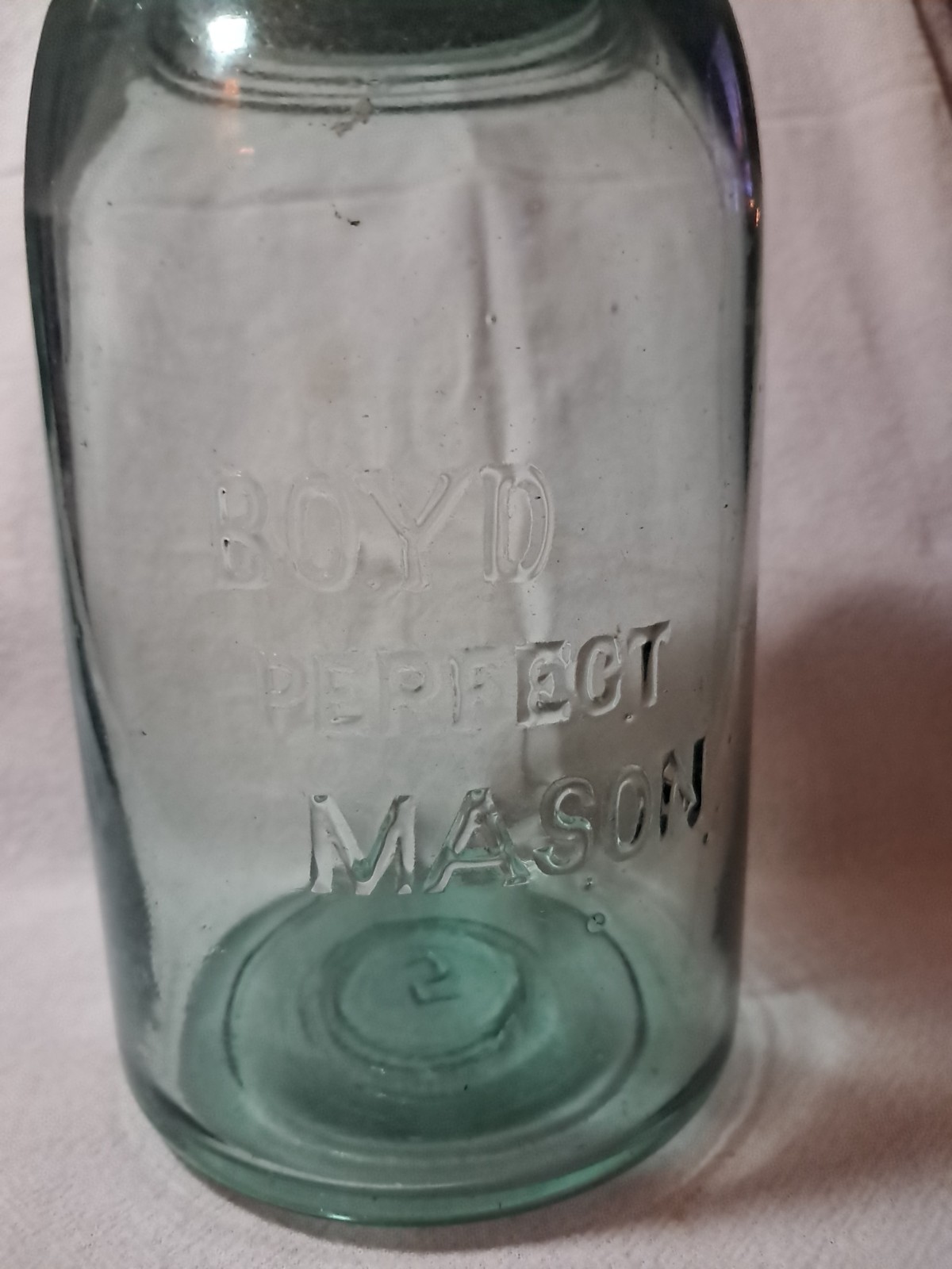 Antique Boyd Perfect Mason Qt Block Letters Blue Green W Lid Chipped Bubbley 
