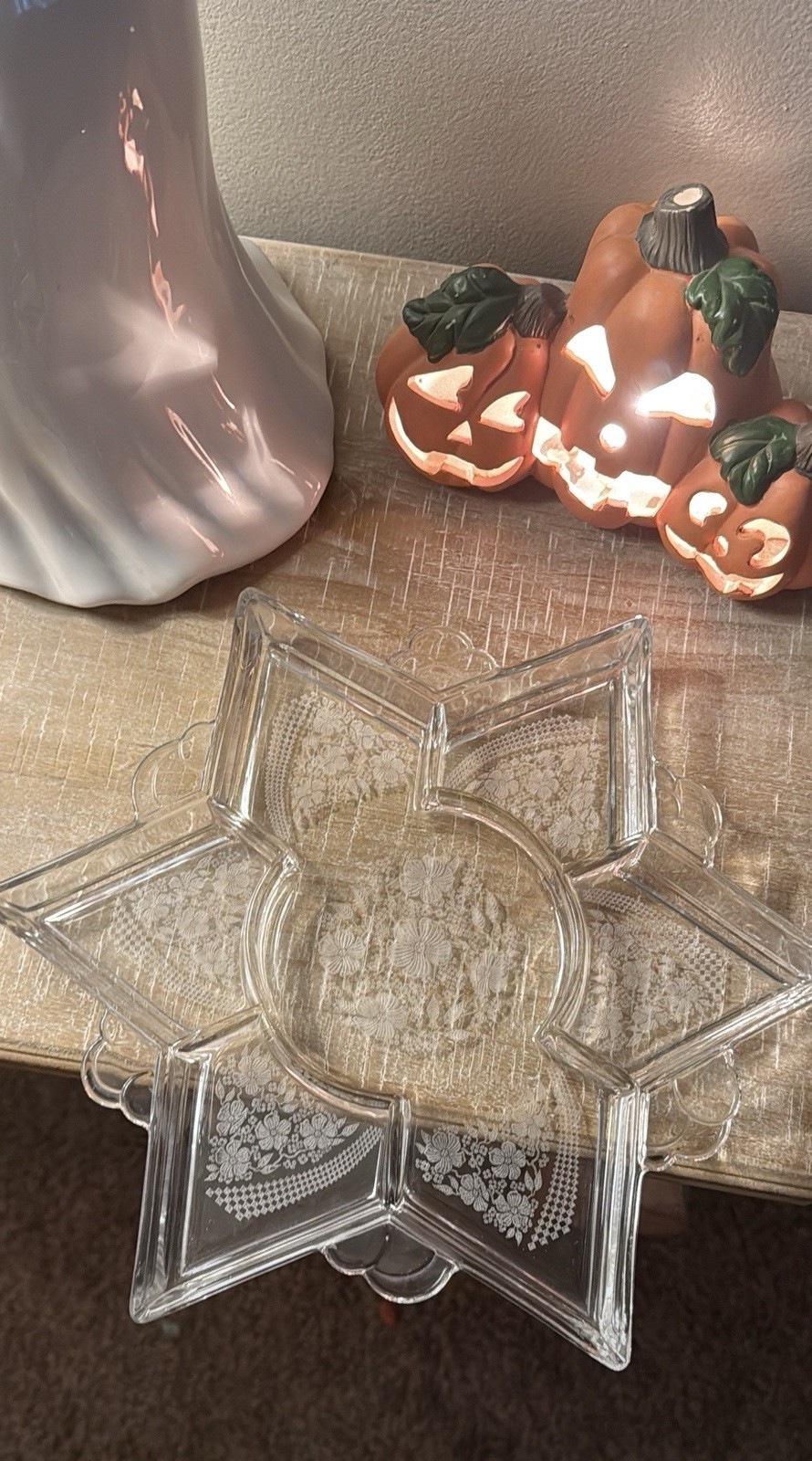 Heisey #1466 Star Five Part Relish With Normandie Etch