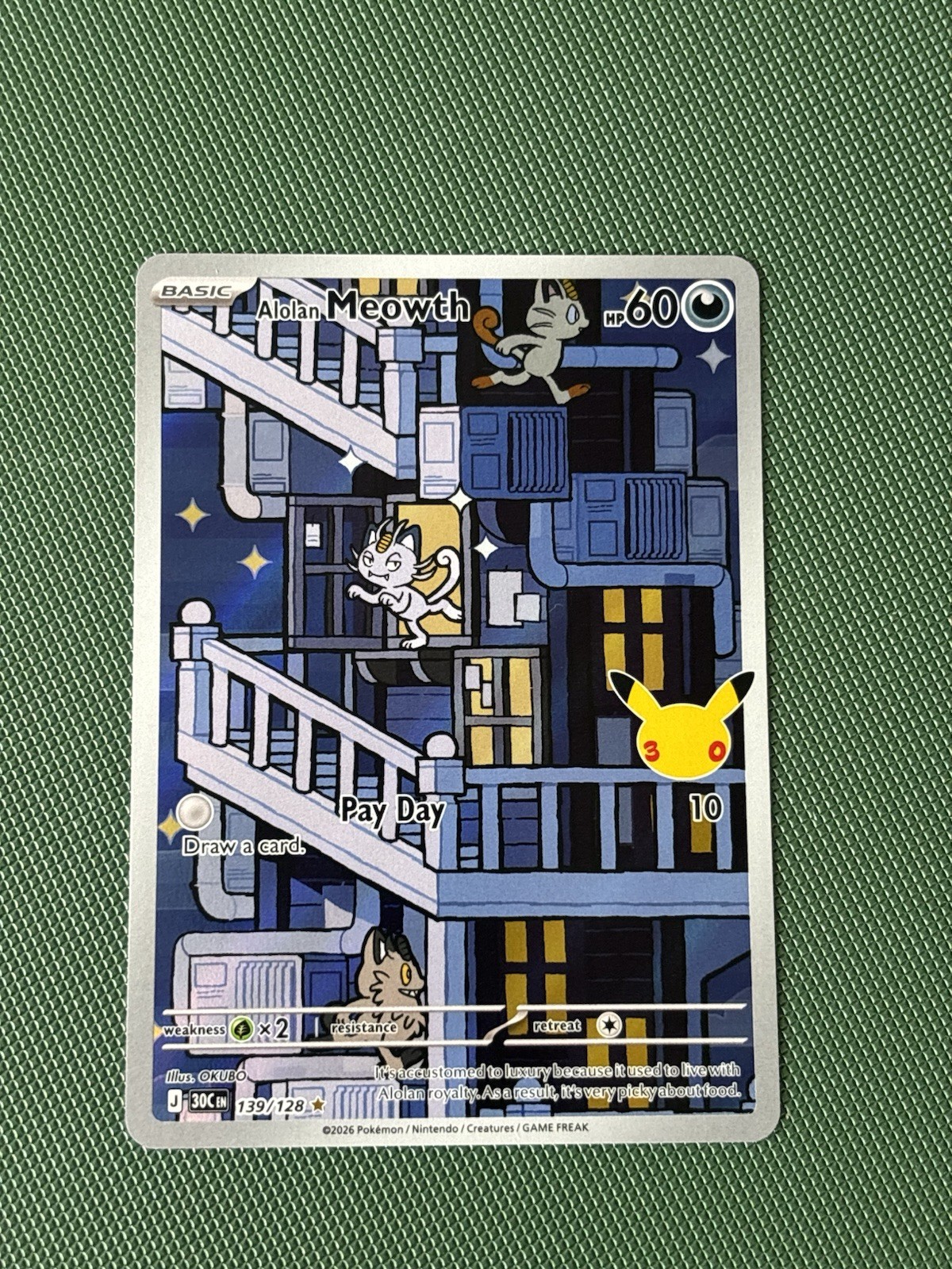 Alolan Meowth 139/128 Illustration Rare Pokemon 30th Anniversary 30C English NM