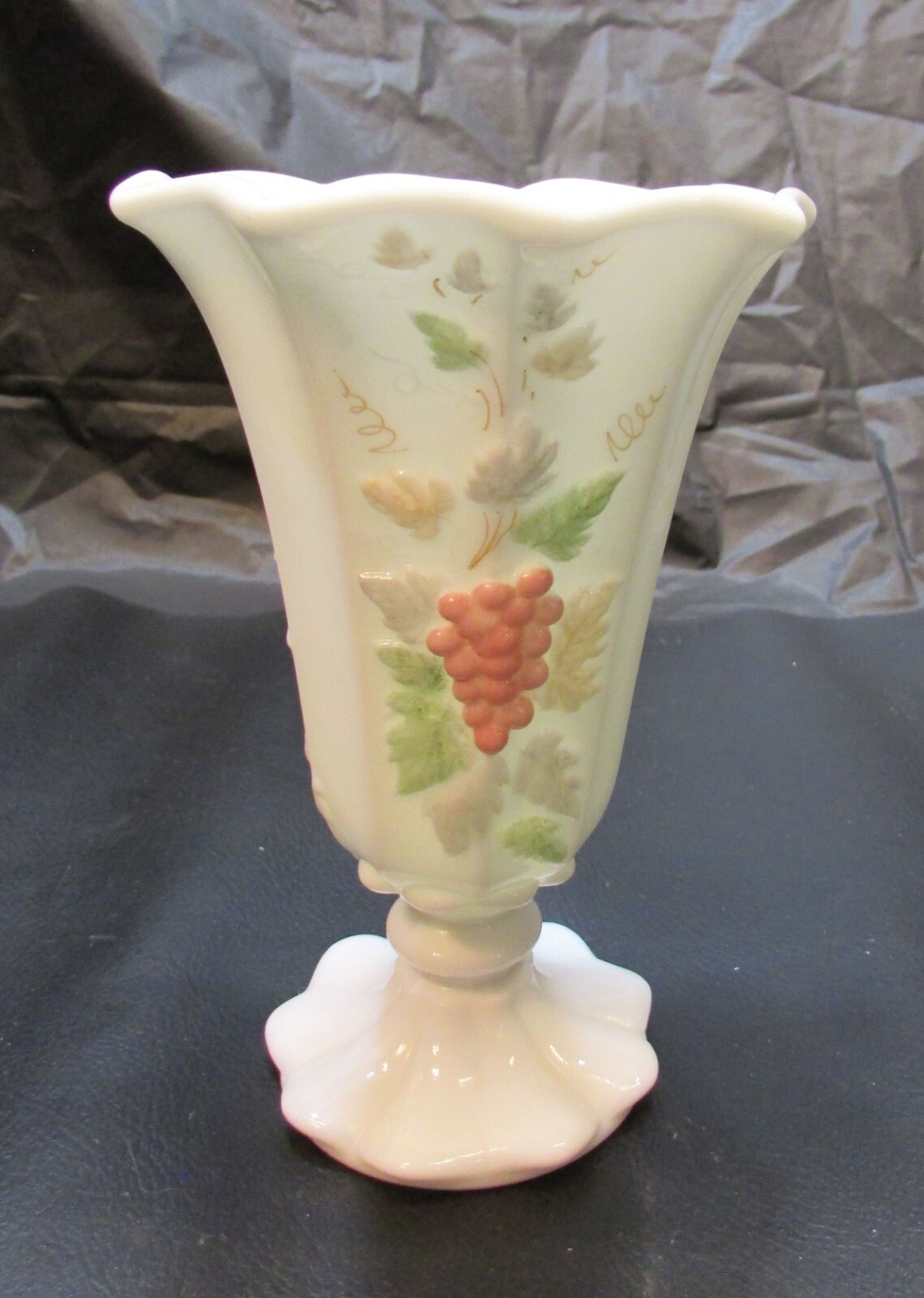 Old Westmoreland White Milk Custard Glass Hand Painted Grape Leaf Pedestal Vase
