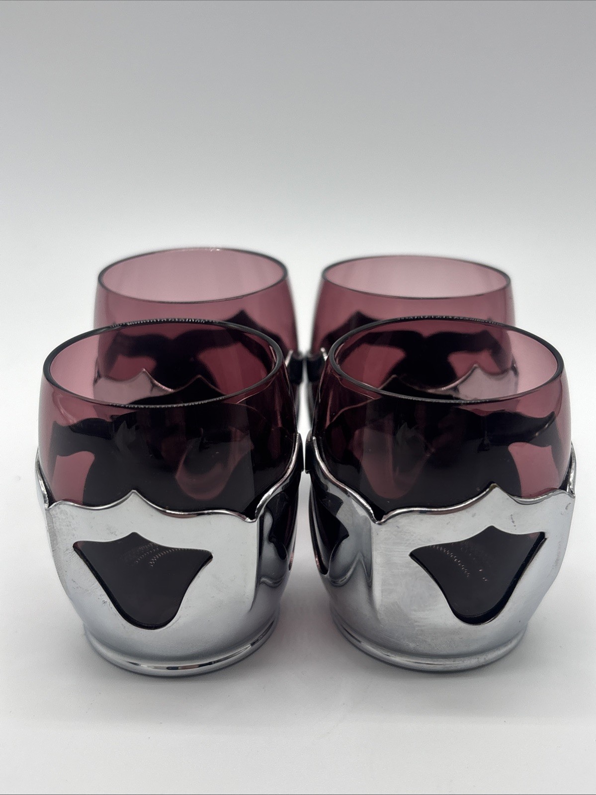 Vintage Farber Bros. Krome Kraft Amethyst Glass & Chrome Set of 4 Cordial Shot Vintage Farber Bros. Krome Kraft Amethyst Glass & Chrome Set of 4 Cordial Shot