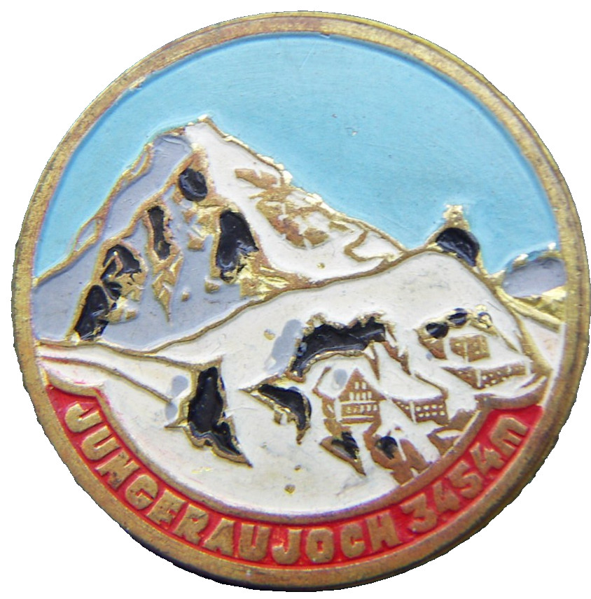 SWITZERLAND SOUVENIR VINTAGE ENAMELED JUNGFRAUJOCH MOUNTAIN PIN BADGE  SCARCE 