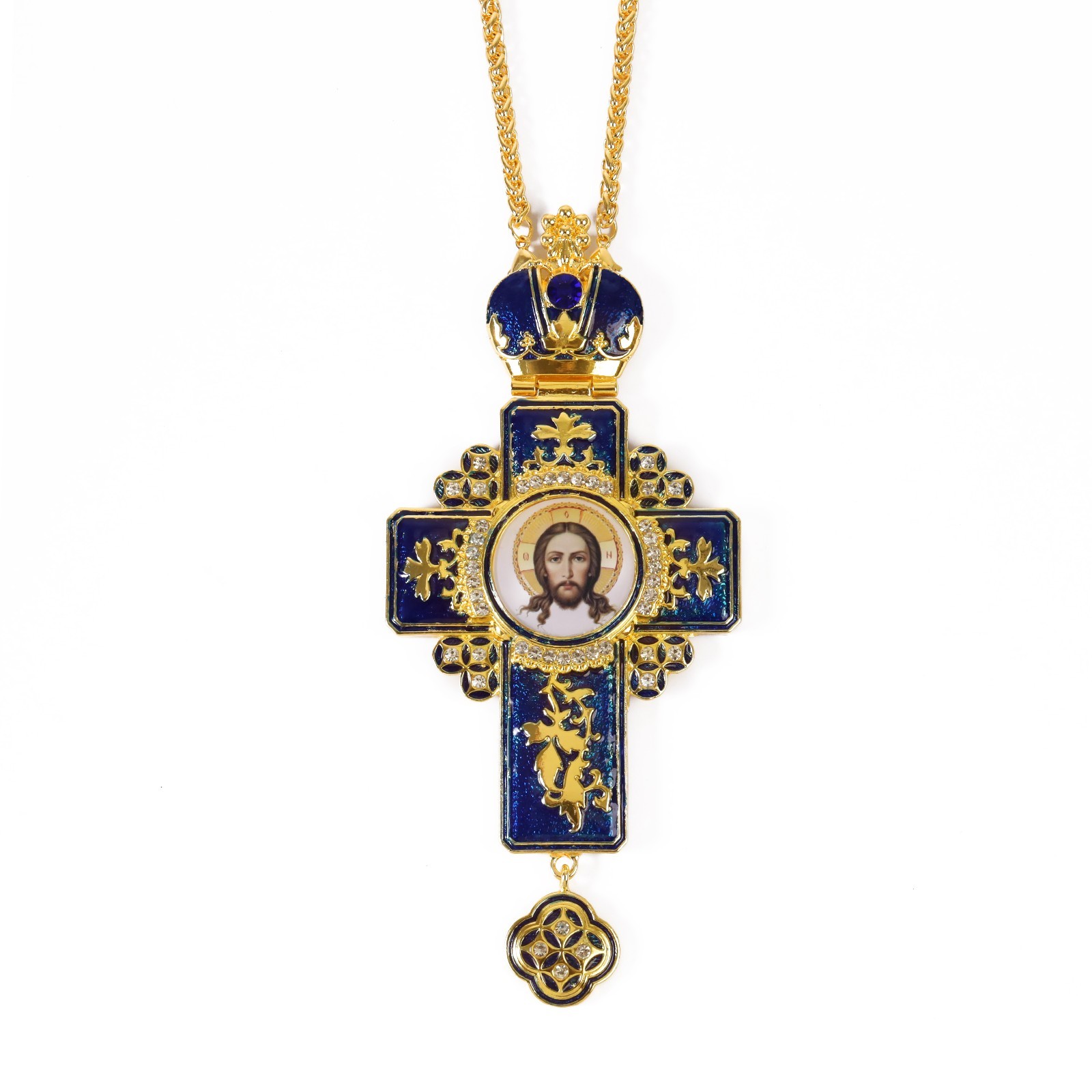Gold Plated Blue Enamel Pectoral Cross Pendant with Jesus Icon & Multi Zirconia