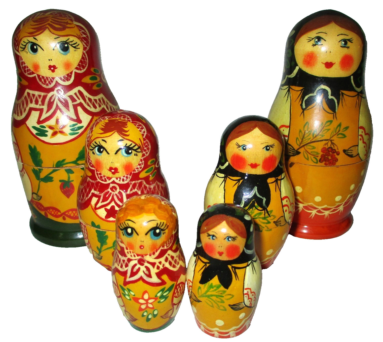 2 THREE PIECE SETS VINTAGE RUSSIAN MATRYOSHKA NESTING DOLLS HAND PAINTED,WOOD