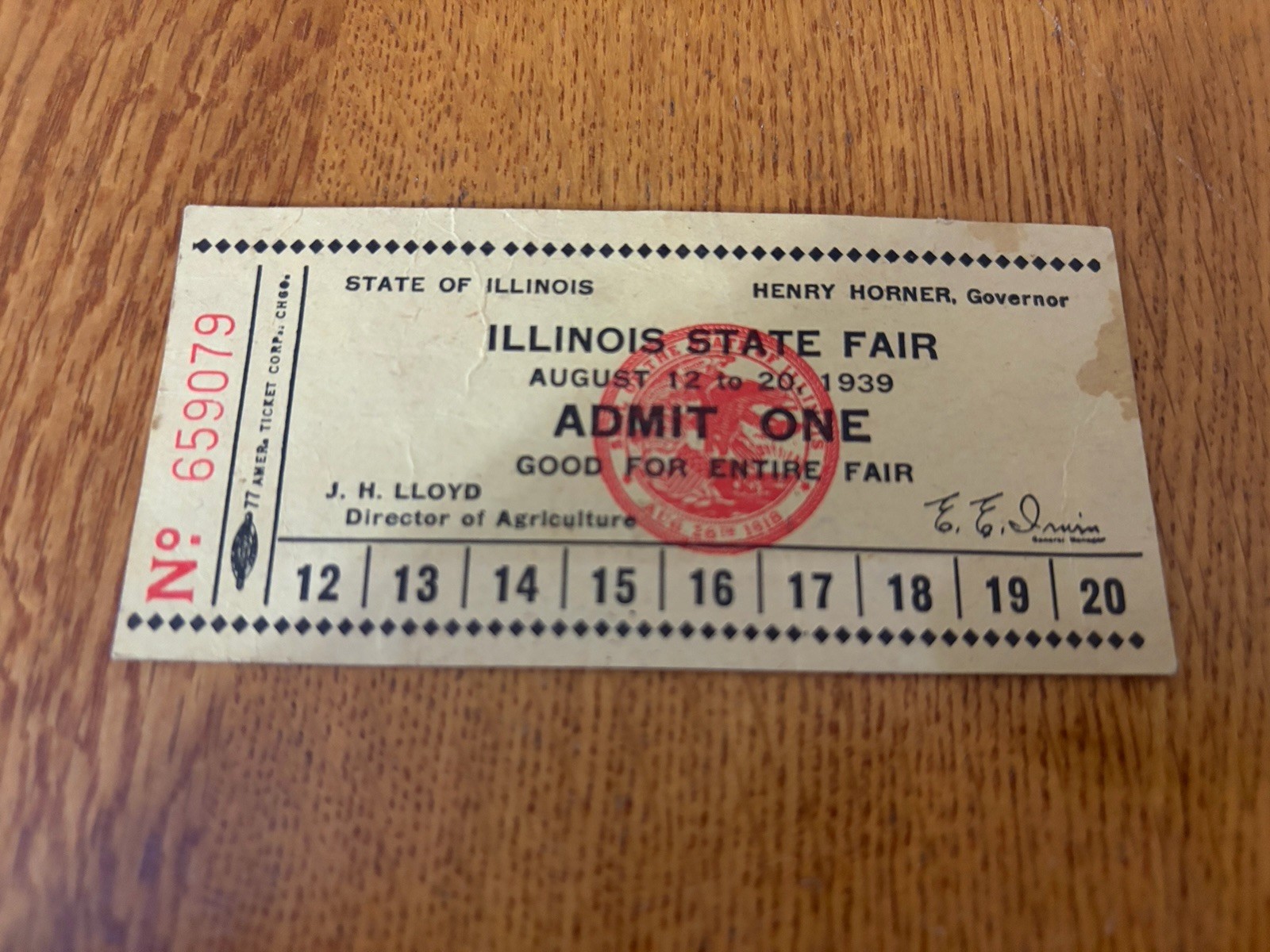 VINTAGE 1939 ILLINOIS STATE FAIR ENTIRE FAIR ADMITTANCE TICKET VINTAGE 1939 ILLINOIS STATE FAIR ENTIRE FAIR ADMITTANCE TICKET