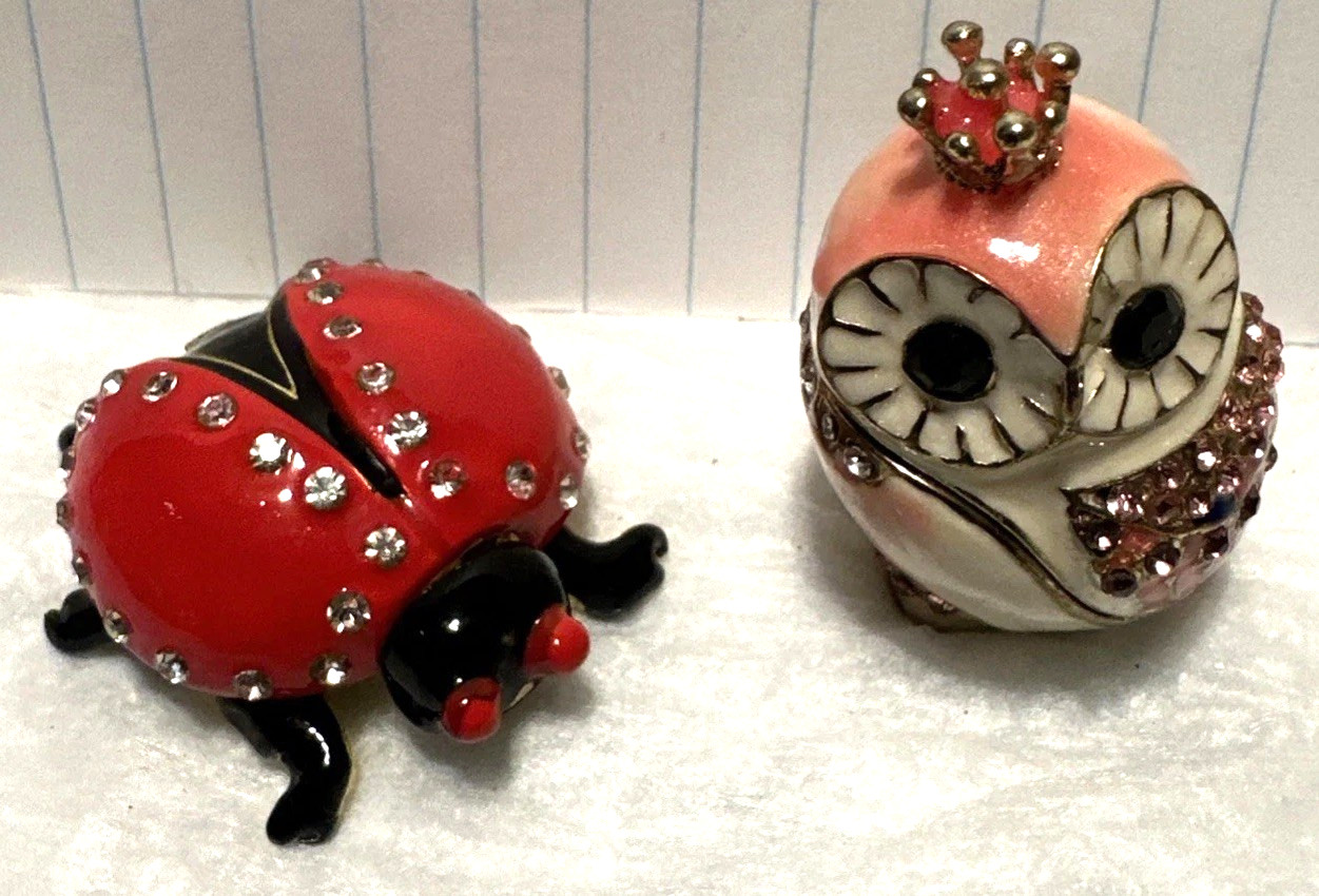 Lot Of 2 Mini Trinket Box Owl & Ladybug 