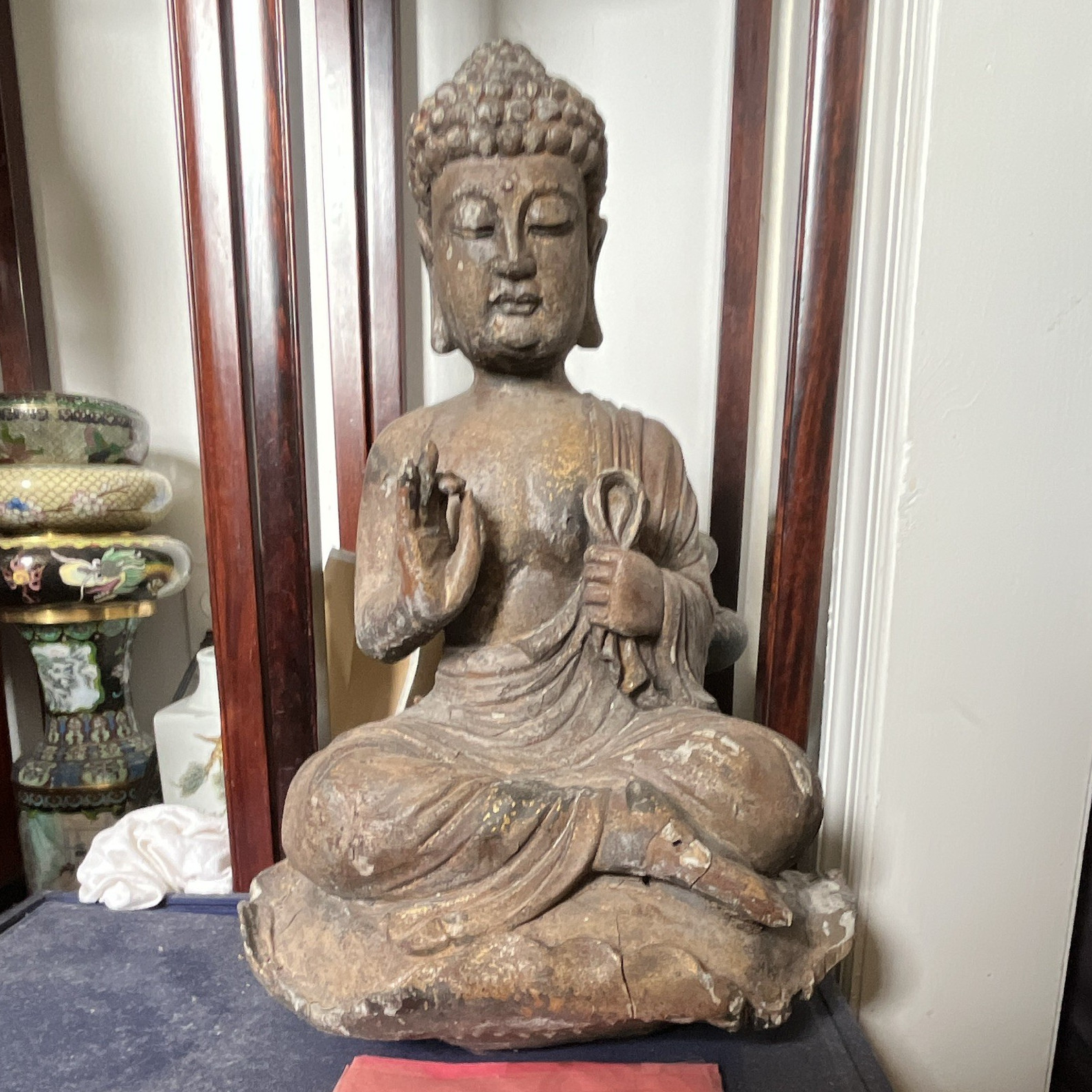 Antique Brown Seated Buddha Statue Figure - Buddhism Asian Statue