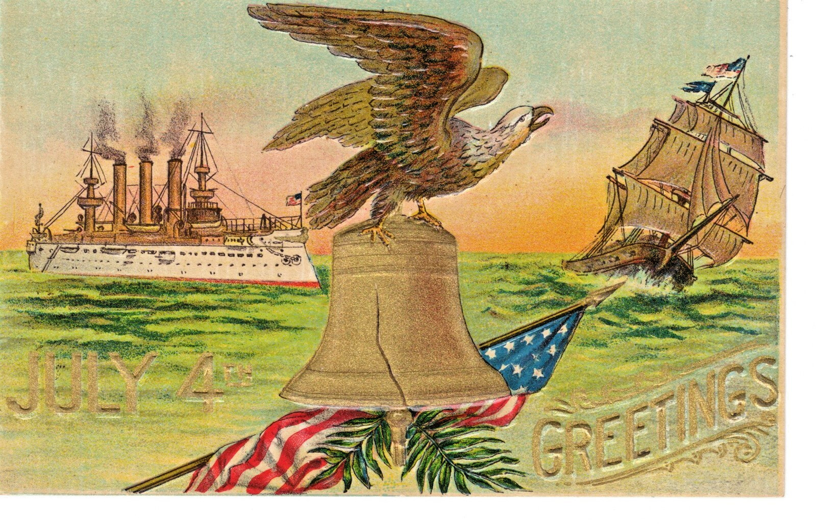 WWI Antique July 4th Postcard World War One Battleship & USS Constellation