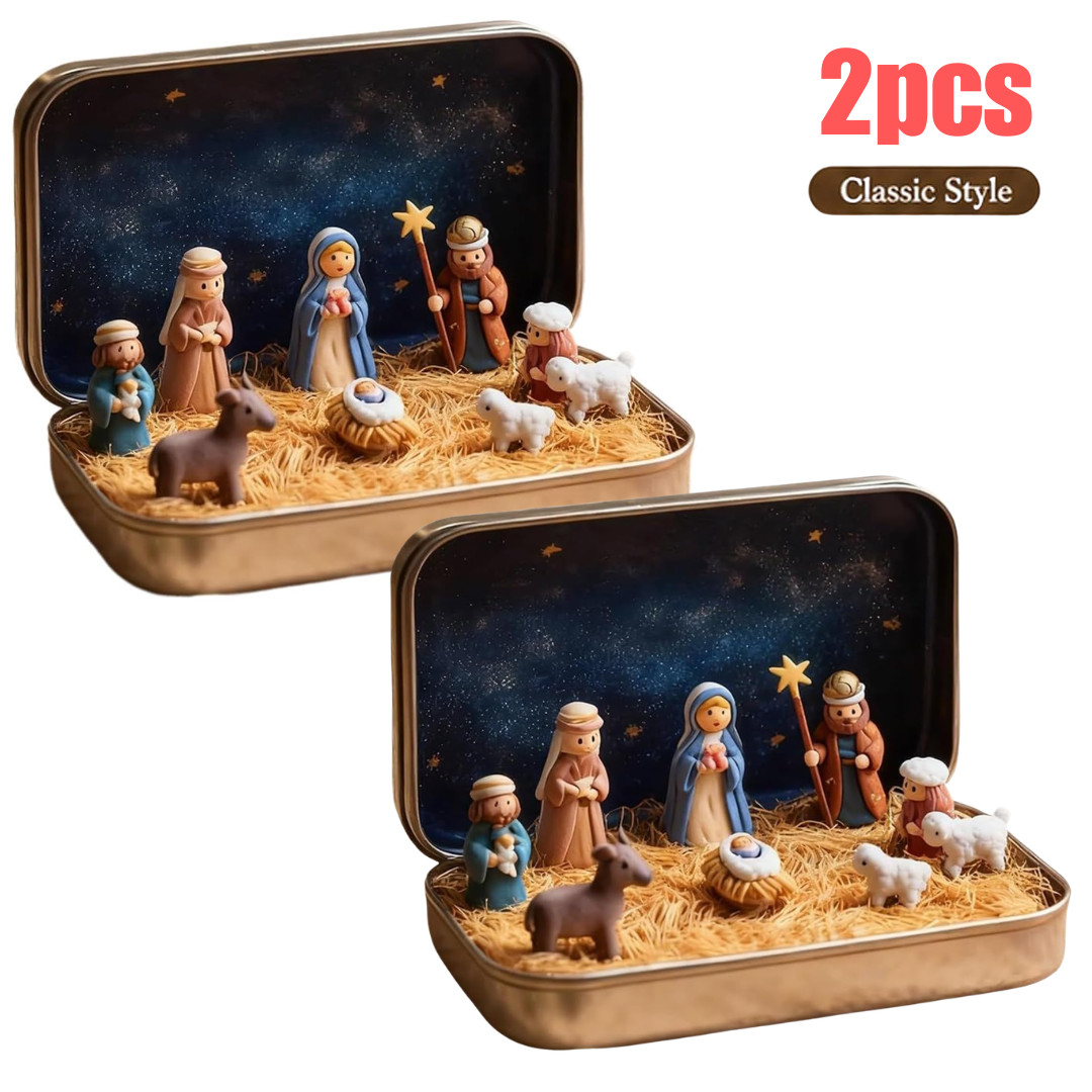 2× Mini Christmas Nativity Set in Tin Box Pocket Holy Family Figurines Gift USA