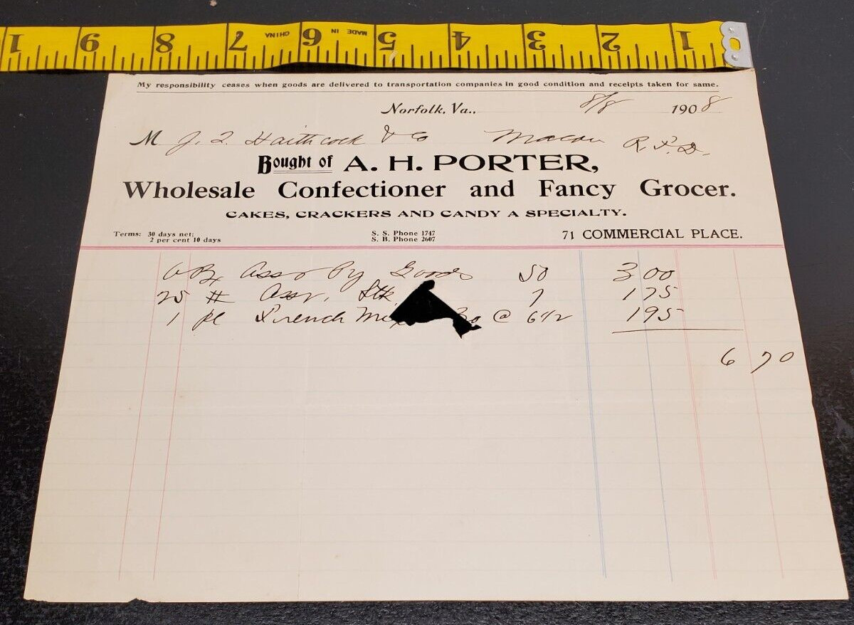 August 8, 1908 A.H. Porter Wholesale Confectioner & Fancy Grocer Invoice