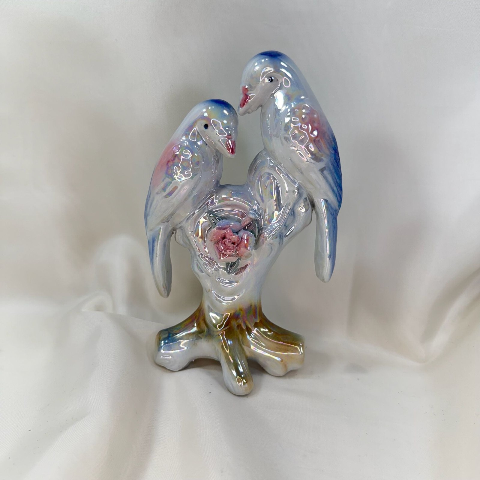 Vintage Lusterware Love Birds Figurine with Pink Rose Vintage Lusterware Love Birds Figurine with Pink Rose