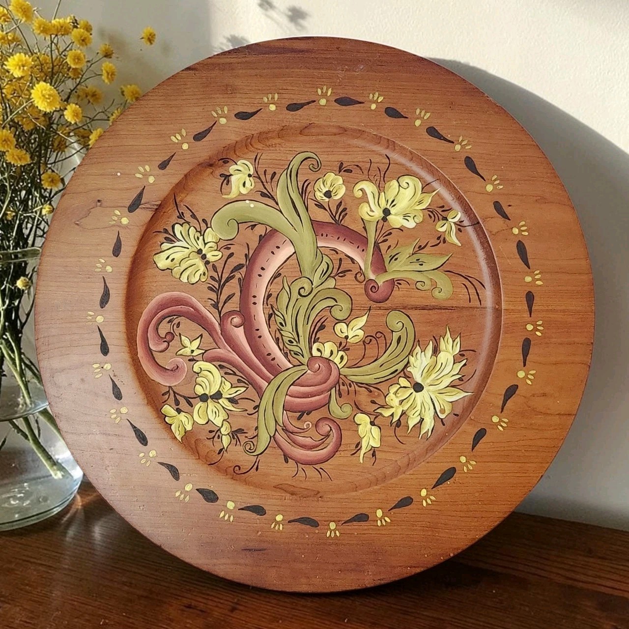 Vtg Hand Painted Norwegian Rosemaling Floral Hanging Wood Plate 14.25 Vtg Hand Painted Norwegian Rosemaling Floral Hanging Wood Plate 14.25