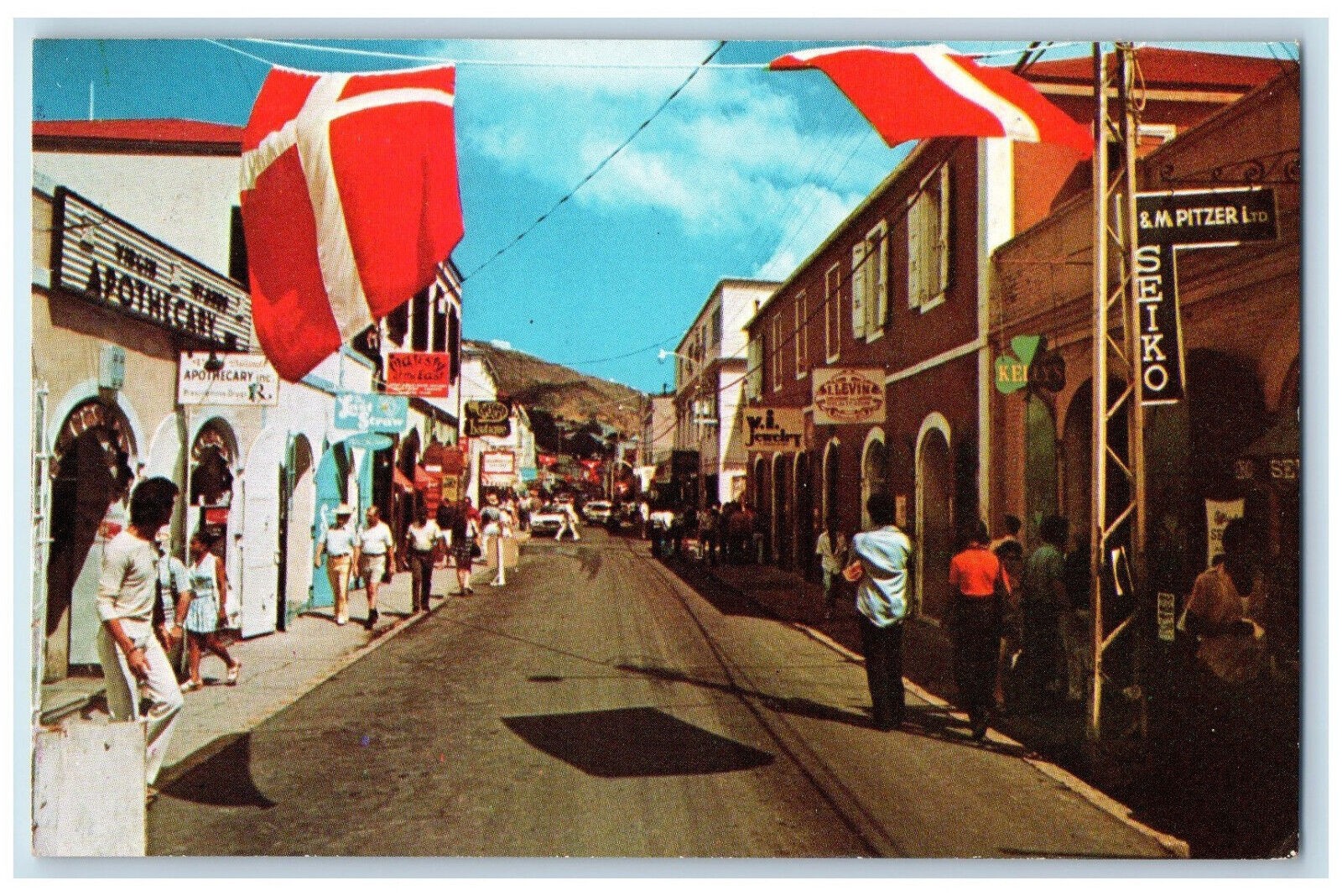 c1950's Apothecary Seiko Main Street Charlotte Amalie St Thomas US VI Postcard