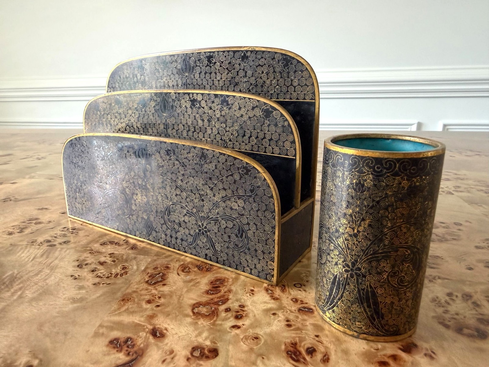 1930s Chinese Cloisonné Desk Set Curly Grass Letter Holder Pen Cup