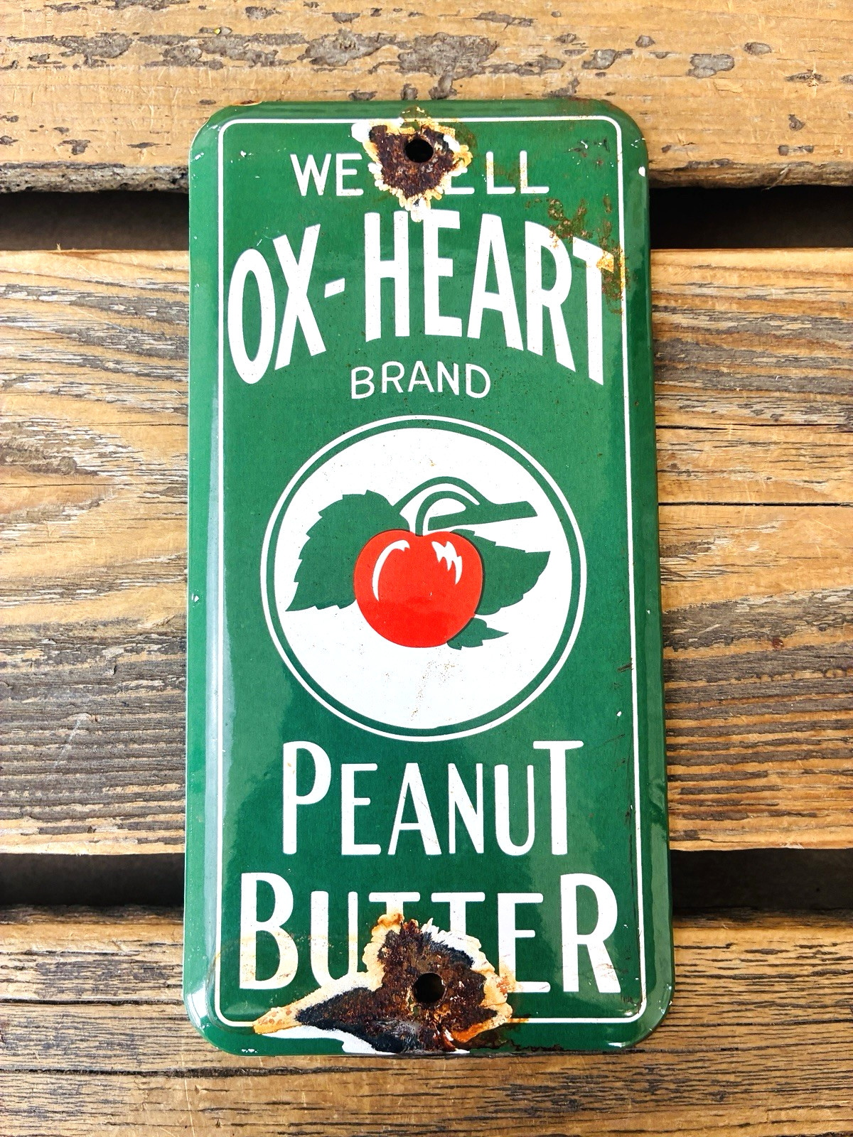 VINTAGE OX-HEART BRAND PEANUT BUTTER GAS PUMP STATION PORCELAIN MOTOR OIL SIGN