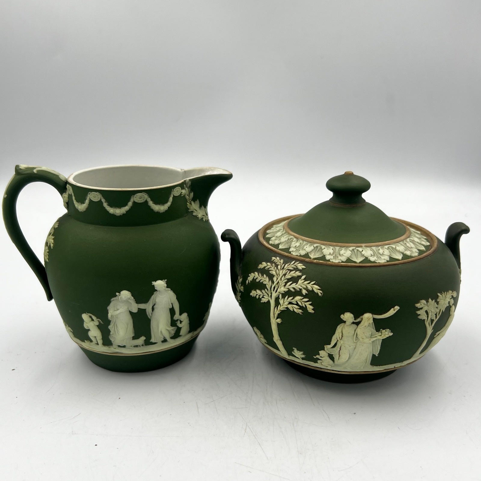 Antique Wedgwood Olive Green Jasper-Dip Sugar & Creamer Set Classical Relief