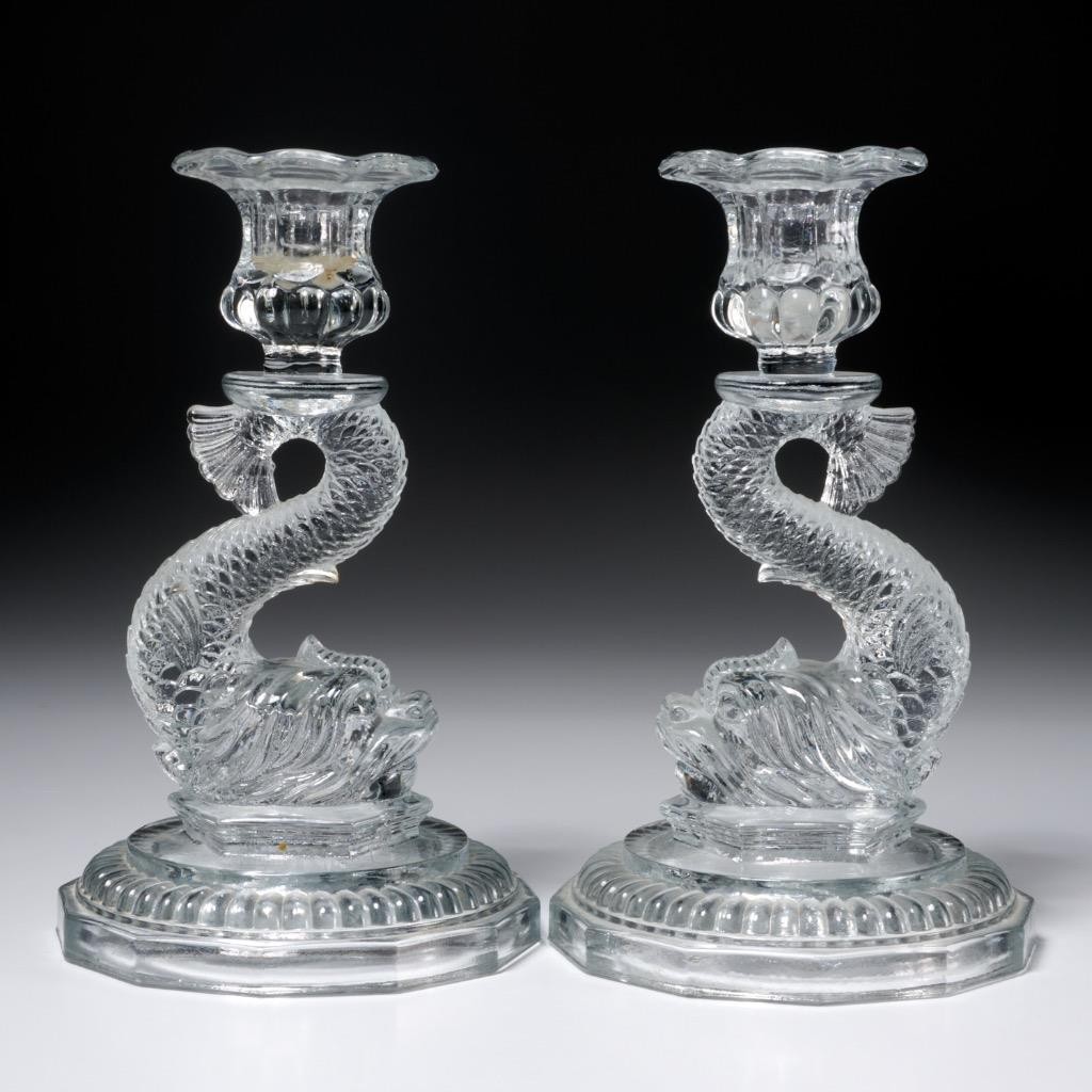 Vtg Pressed Glass Dolphin Octagonal Candlestick Candle Holder Pair 2pc Lot 8