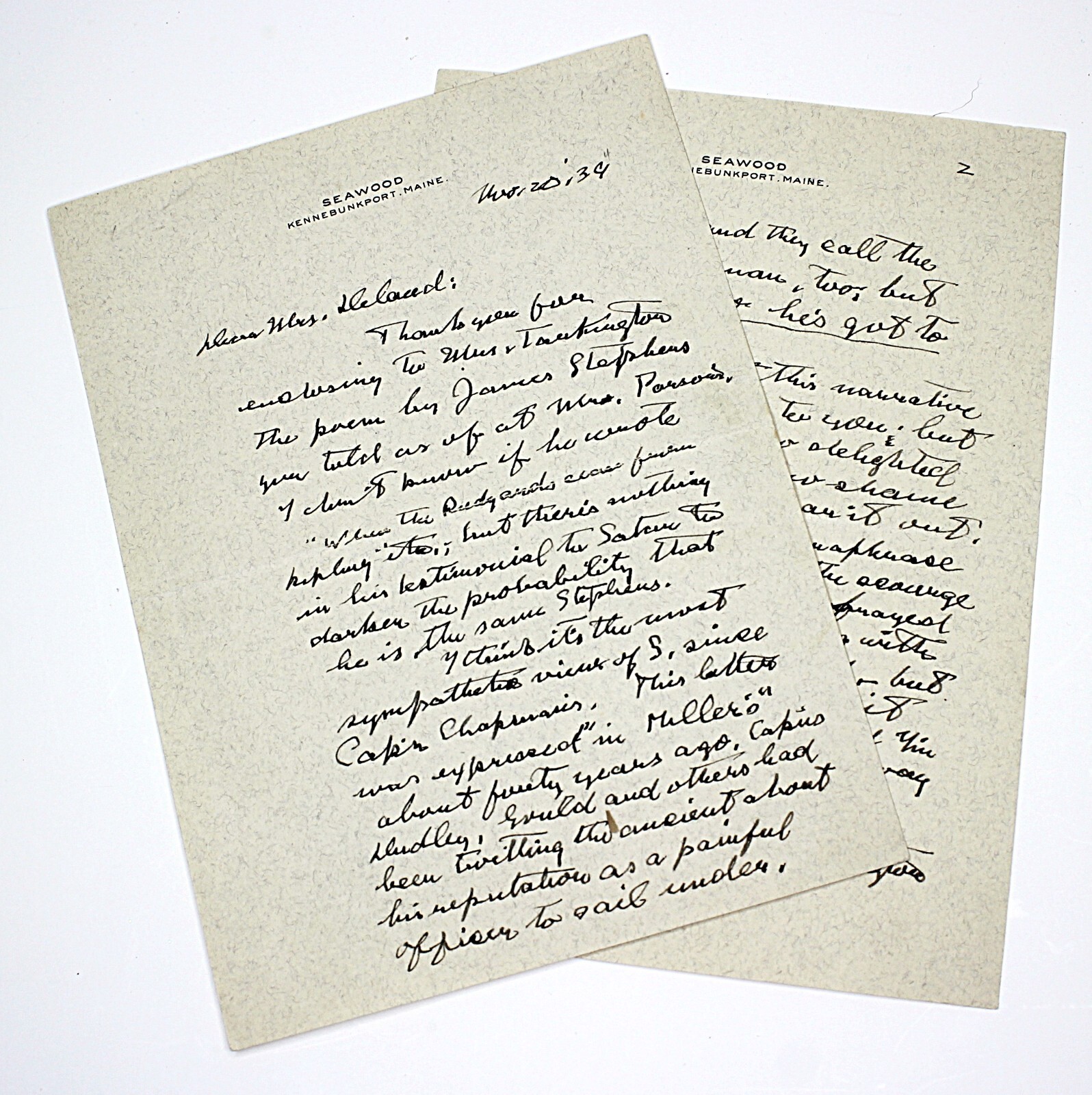 Booth Tarkington Holograph 2 page Letter Hand Written & Signed 1934 SEAWOOD ME