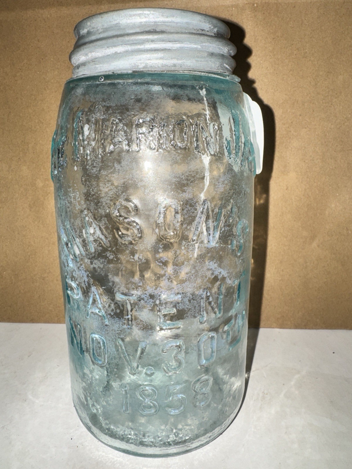 Antique THE MARION Mason’s Patent Nov 30th 1858 Aqua Quart Jar Zinc Lid