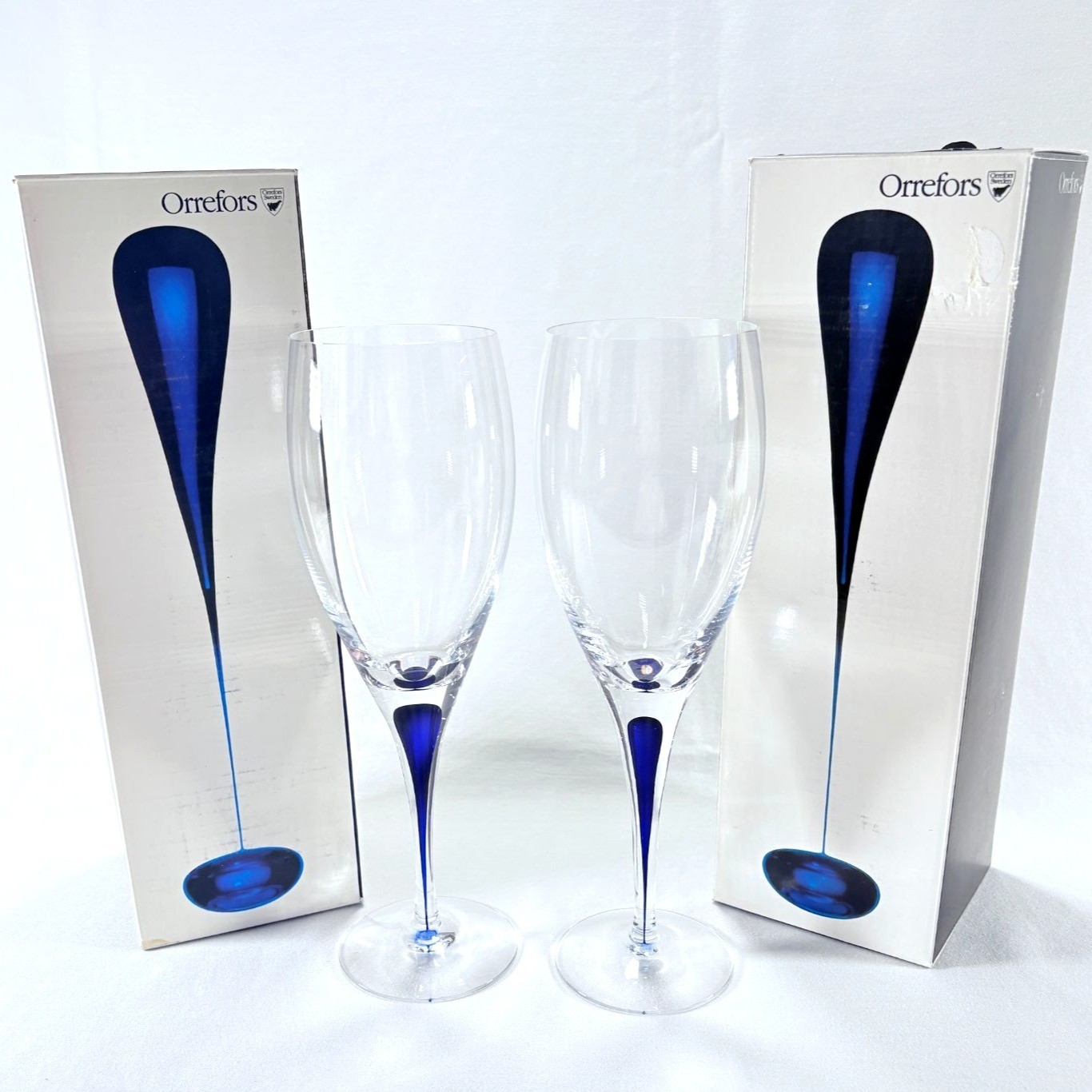 Orrefors Intermezzo Blue Set of 2 Hand Blown Crystal Water Goblet Glasses 9 1/4\