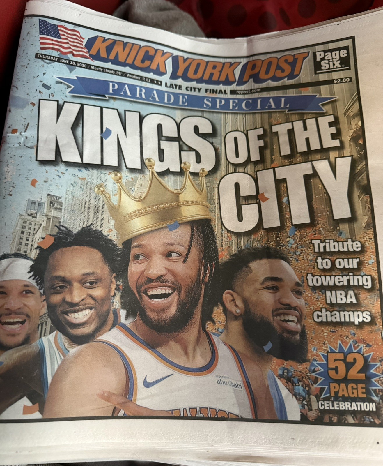 NEW YORK POST JUNE 18 2026 KNICKS  KINGS OF THE CITY NEWSPAPER CHAMPIONS.