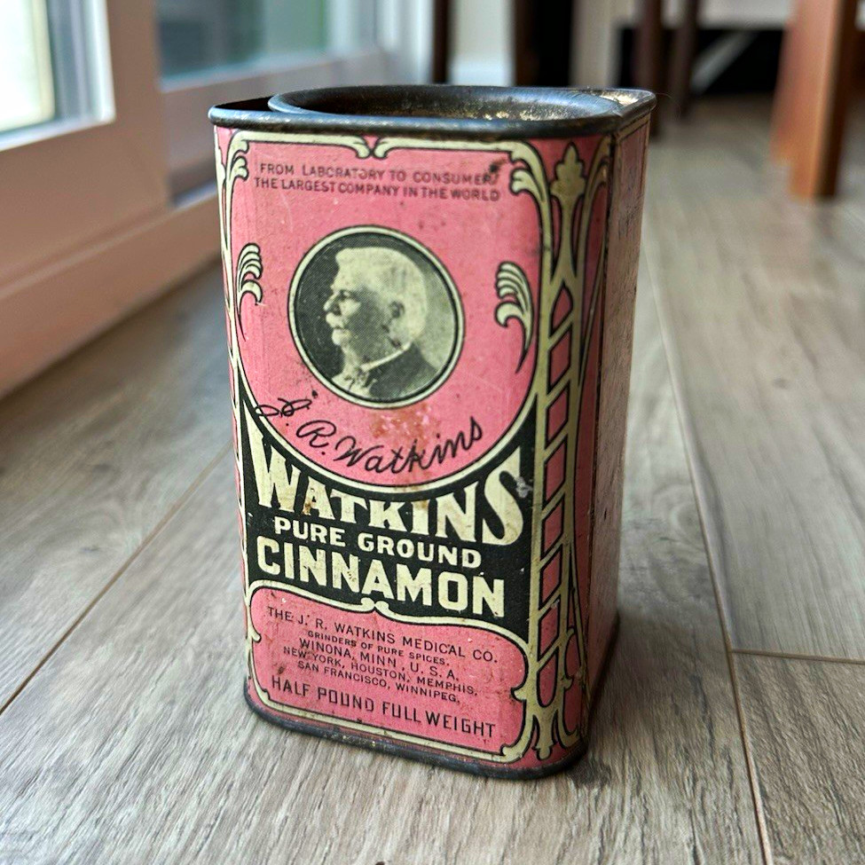 Vintage J.R. Watkins Pure Ground Cinnamon 8 oz Pink Spice Tin w/ Lid Empty
