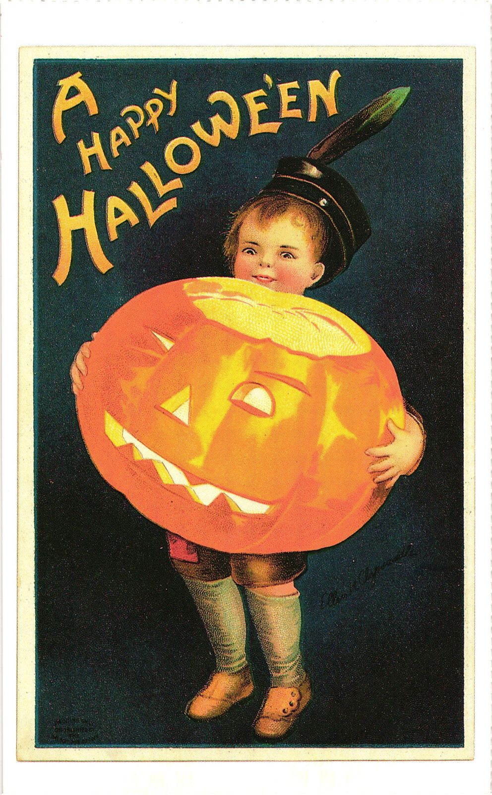 A Happy Halloween Boy with Jack-O-Lantern Vintage Reproduction Postcard Unposted
