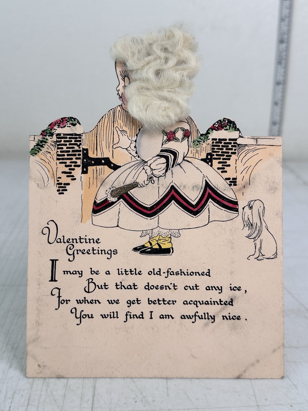 Antique 1925 Valentine Card Die Cut Stand Up Girl With Fluffy Hair And Dog