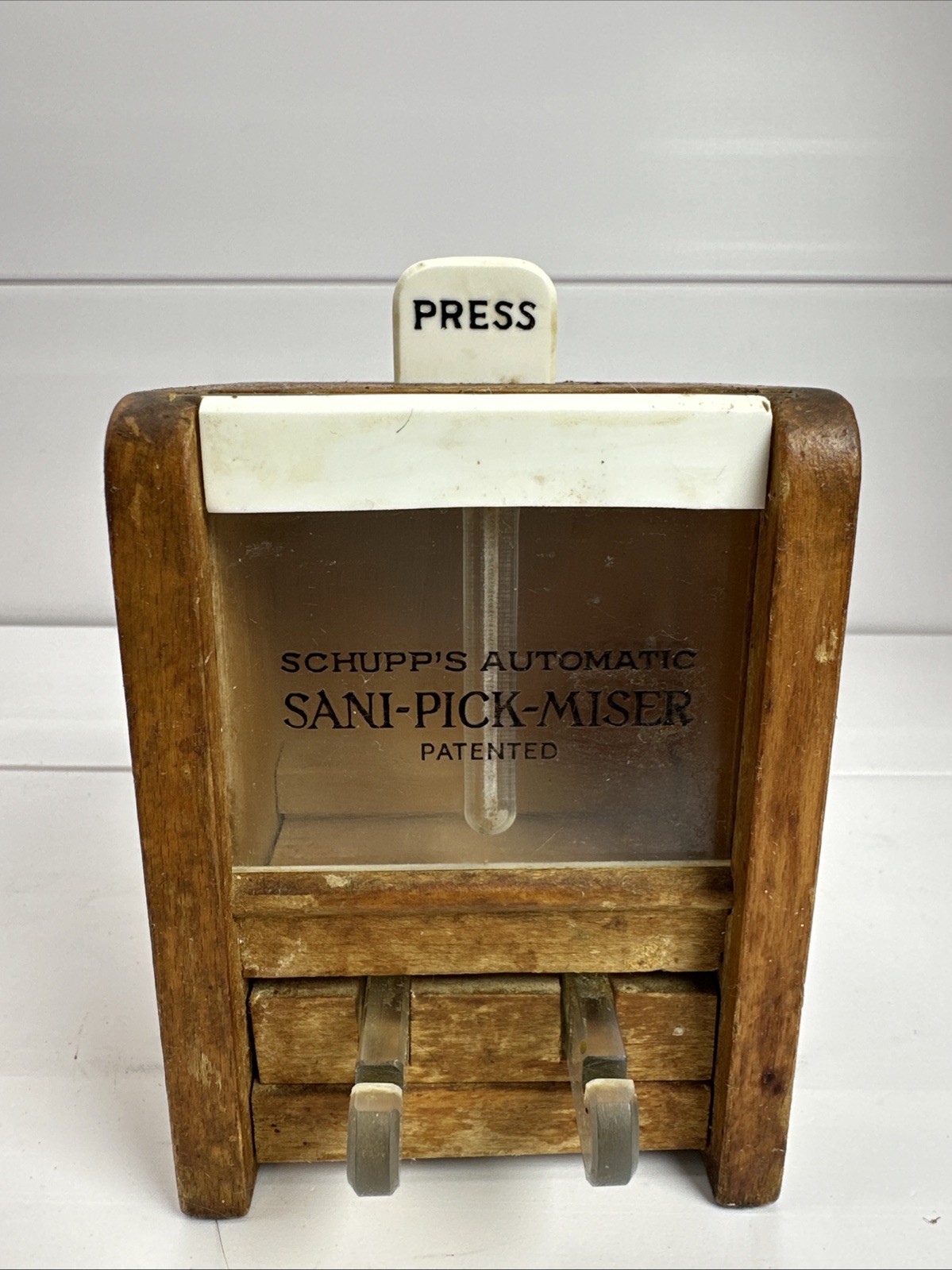 Vintage Toothpick Dispenser Schupp\'s Automatic Sani-Pick-Miser Wood
