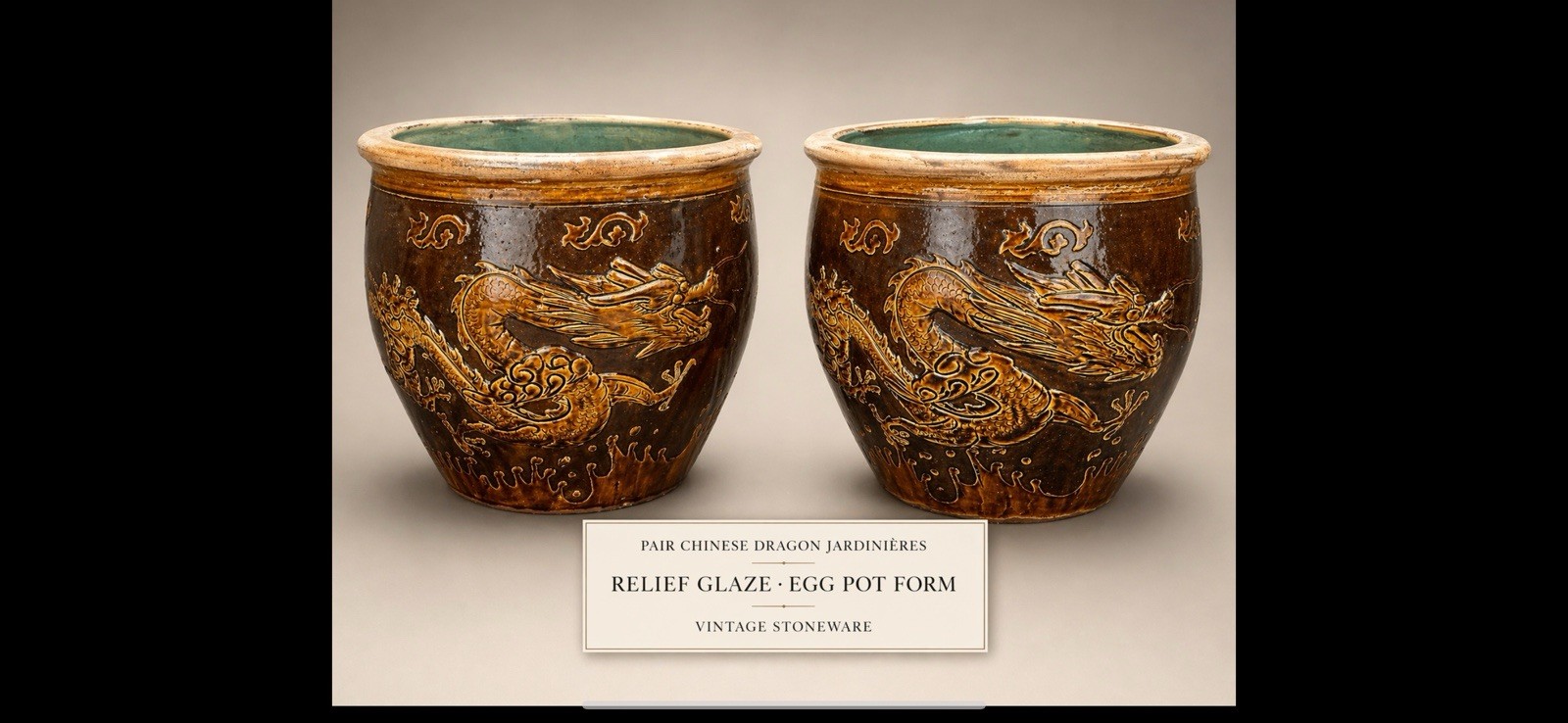 2 Pc Chinese Dragon Jardiniere Turquoise Interior Majolica Style Stoneware Pots