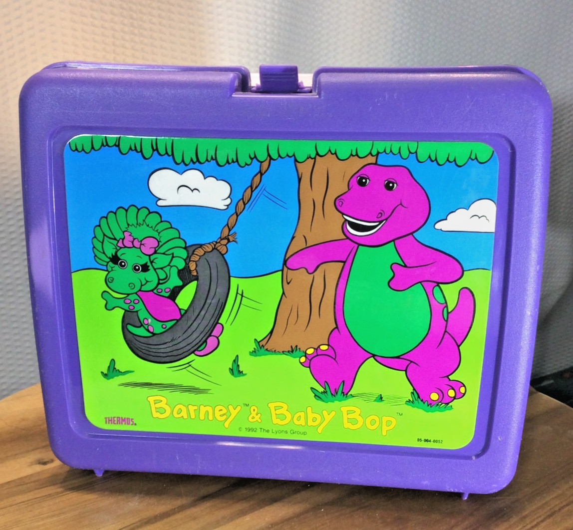 Vtg 1992 Barney & Baby Pop Thermos Plastic lunchbox w/ Thermos,Stopper,Cup - euc Vtg 1992 Barney & Baby Pop Thermos Plastic lunchbox w/ Thermos,Stopper,Cup - euc