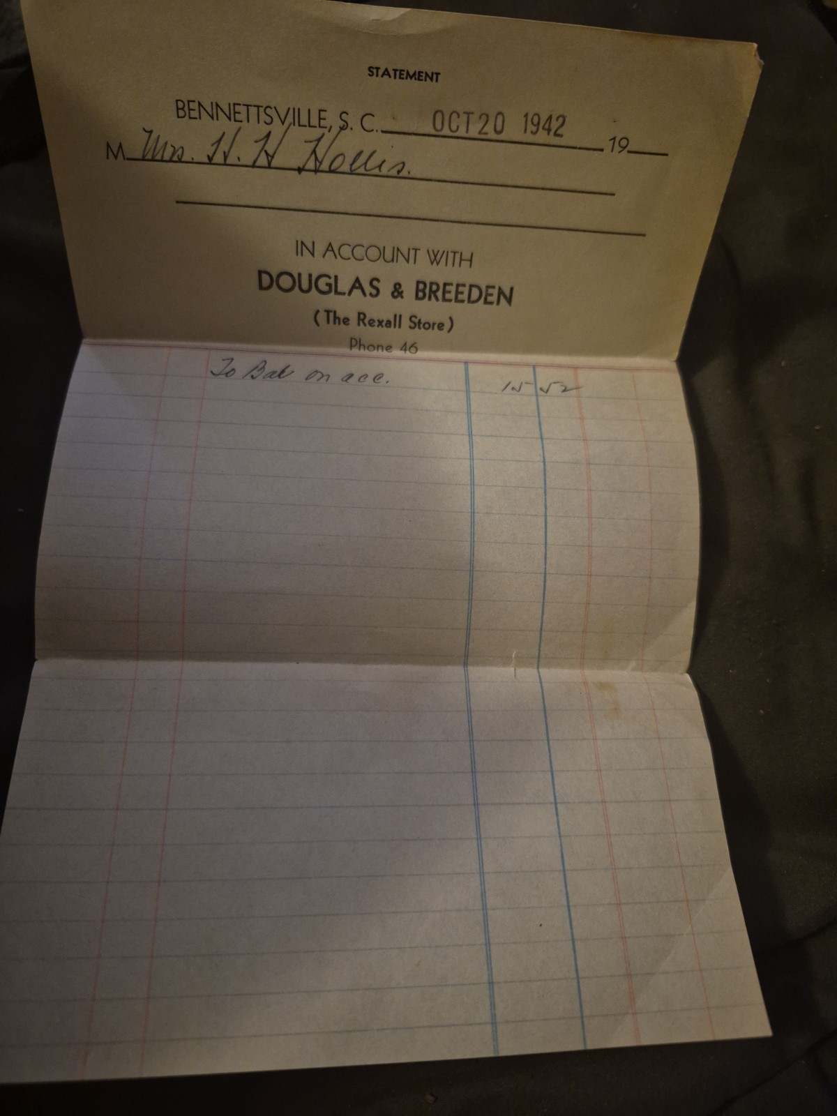 Bennettsville SC Receipt From Douglas & Breeden Receipt 1942
